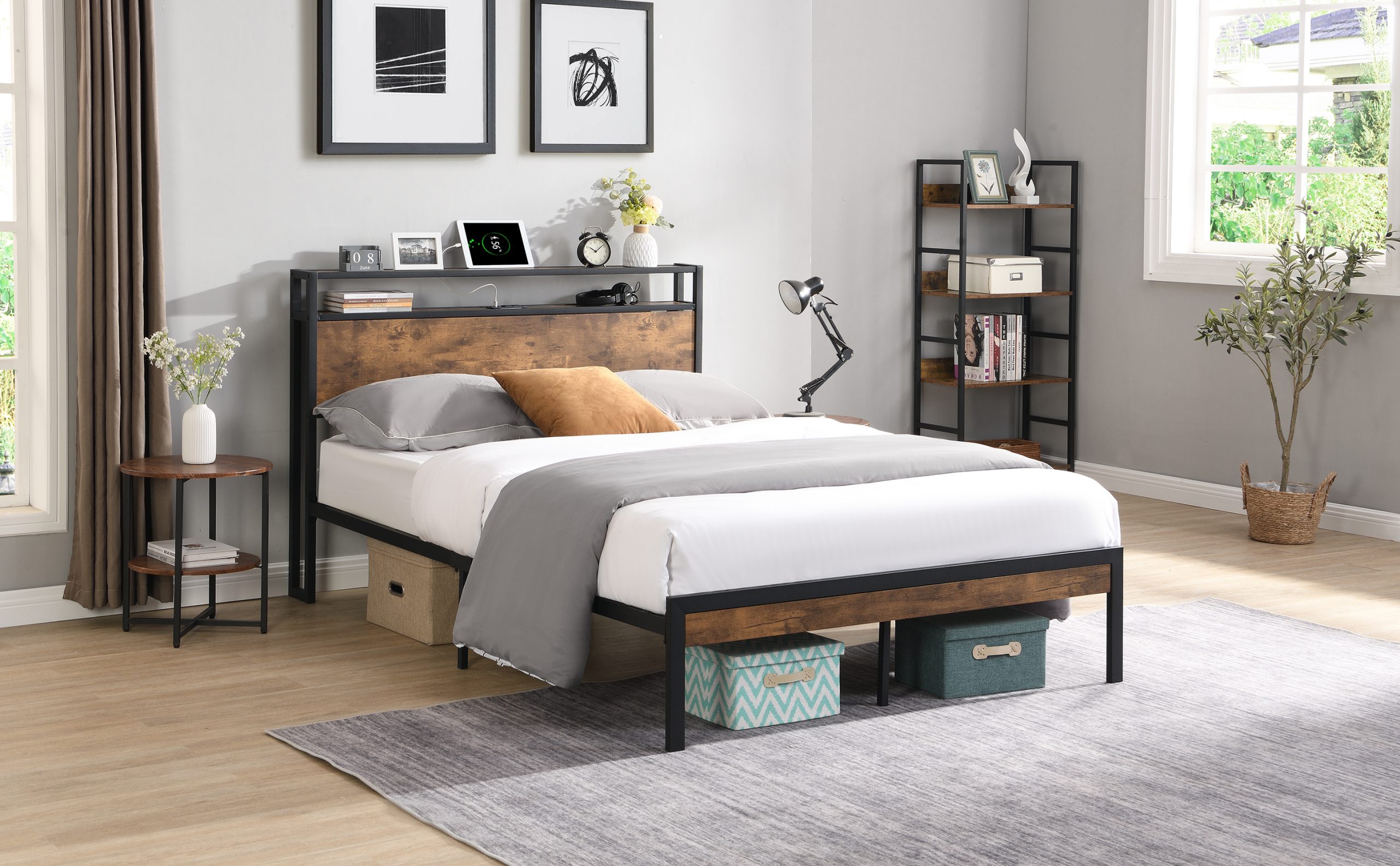 King Size Metal Platform Bed Frame with Wooden Headboard and Footboard with USB LINER, No Box Spring Needed, Large Under Bed Storage, Easy Assemble - Image 4
