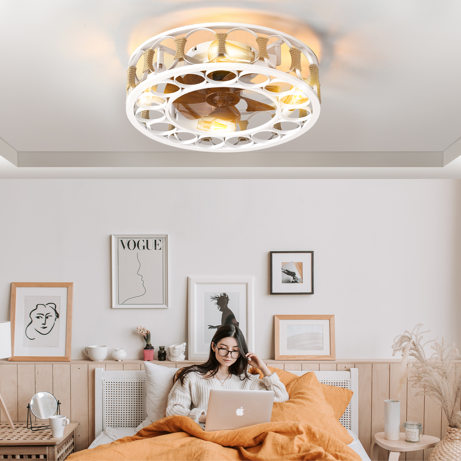 Caged Ceiling Fan with Lights Remote Control,Semi -embedded Modern Ceiling fans, 6 Speeds Reversible Blades, 4 LED Bulbs Include(White) - Image 2