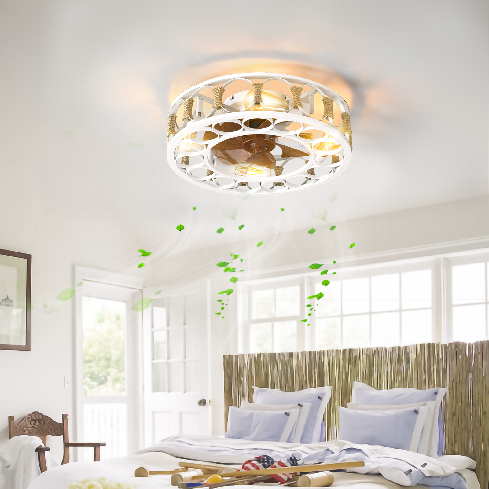 Caged Ceiling Fan with Lights Remote Control,Semi -embedded Modern Ceiling fans, 6 Speeds Reversible Blades, 4 LED Bulbs Include(White) - Image 3
