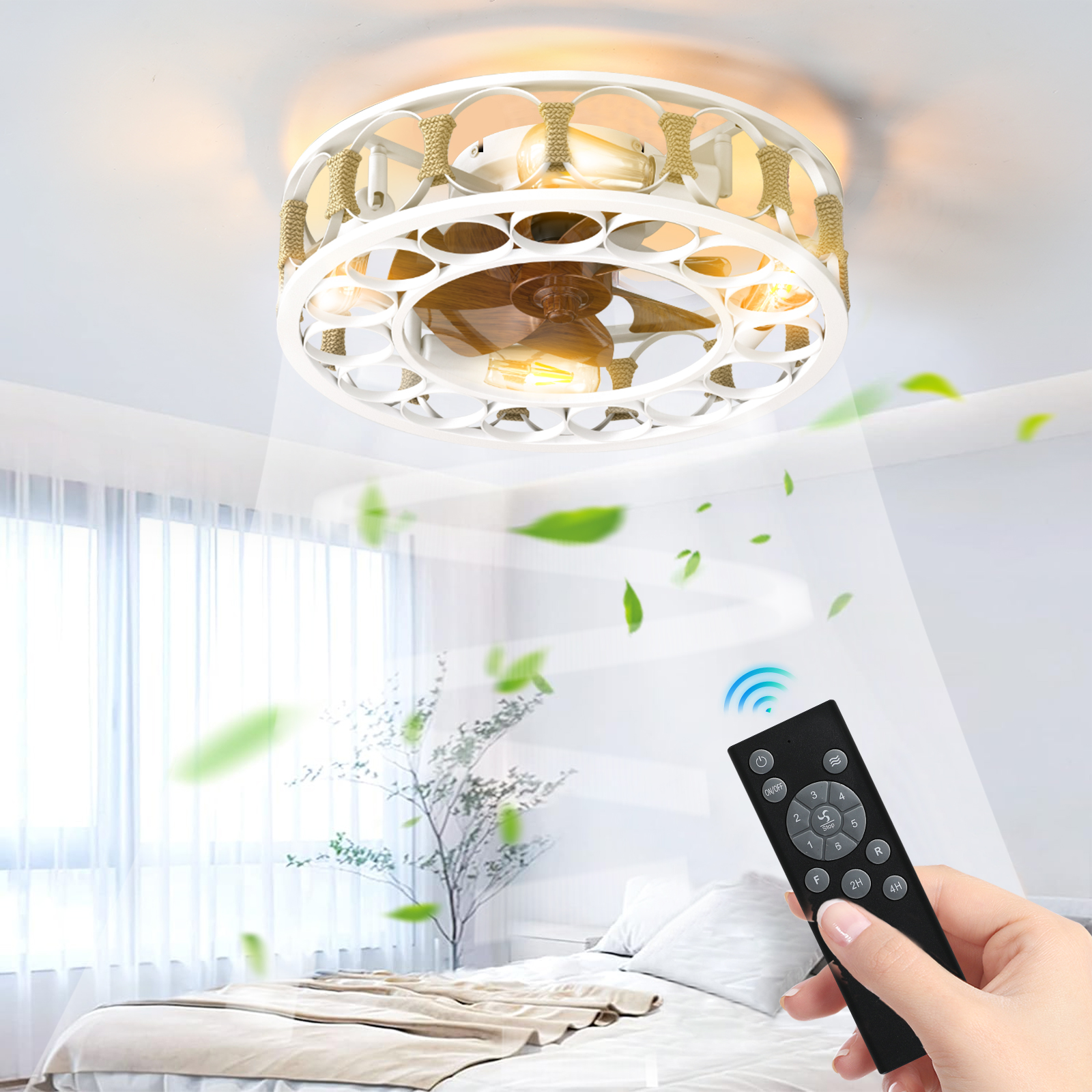 Caged Ceiling Fan with Lights Remote Control,Semi -embedded Modern Ceiling fans, 6 Speeds Reversible Blades, 4 LED Bulbs Include(White) - Image 4