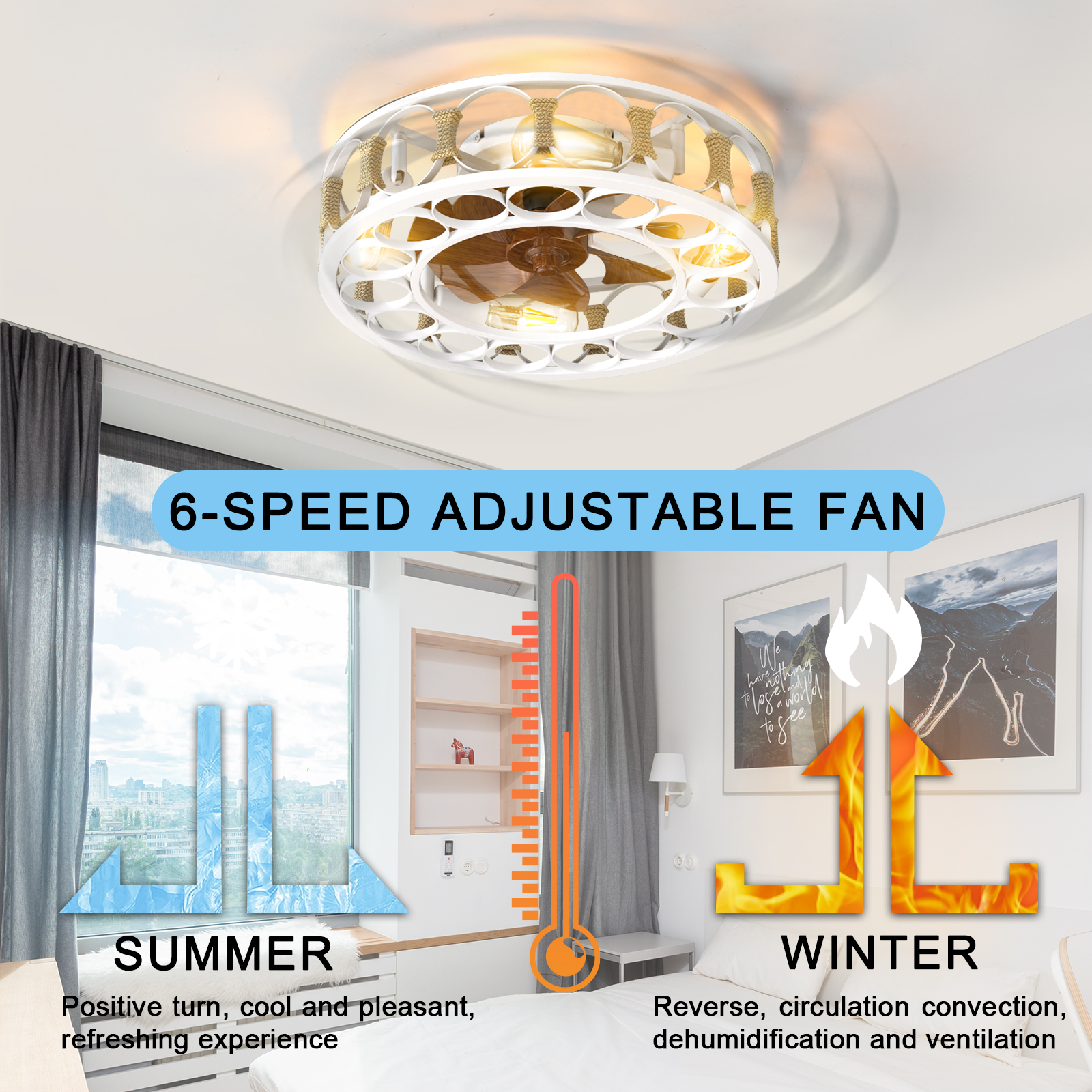 Caged Ceiling Fan with Lights Remote Control,Semi -embedded Modern Ceiling fans, 6 Speeds Reversible Blades, 4 LED Bulbs Include(White) - Image 6