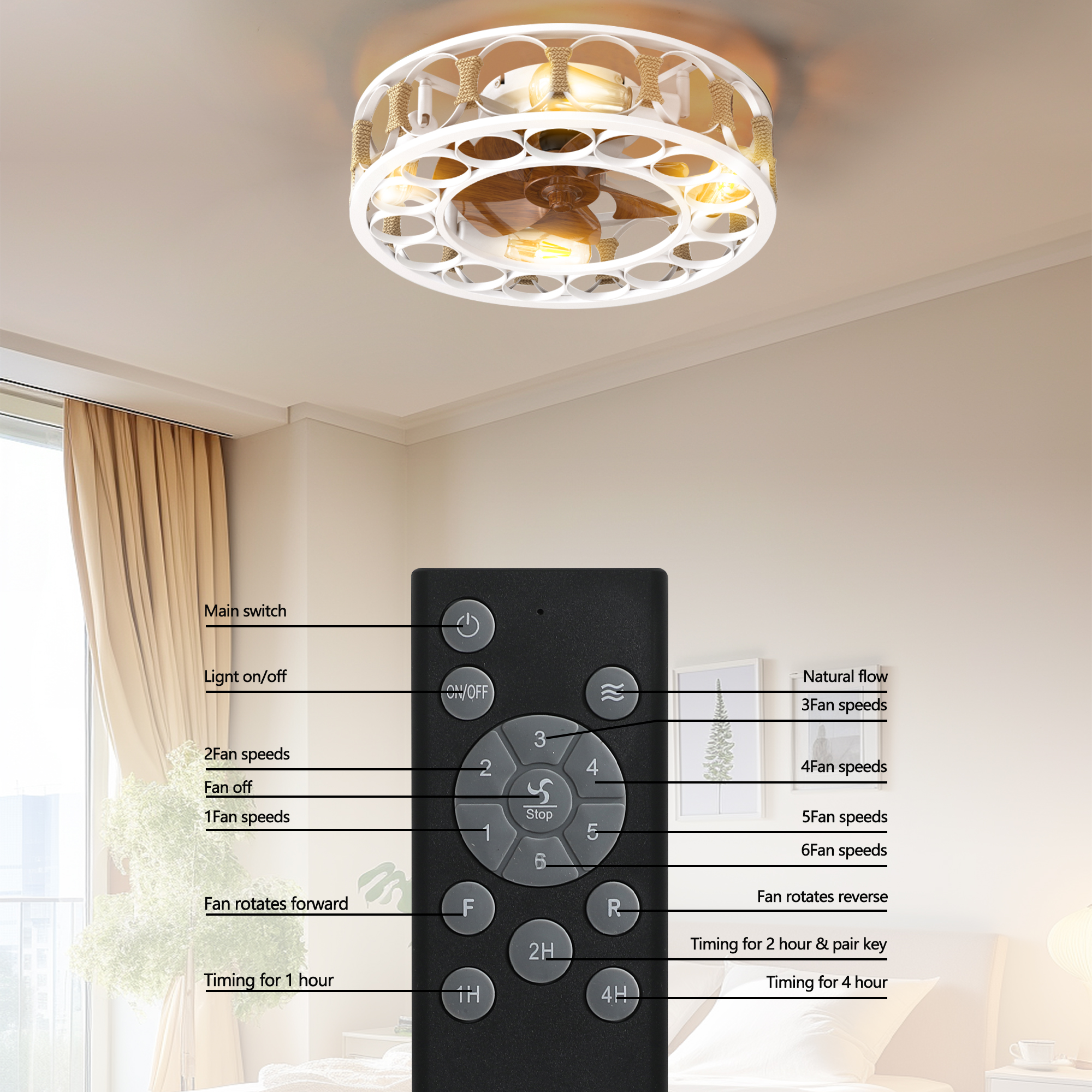 Caged Ceiling Fan with Lights Remote Control,Semi -embedded Modern Ceiling fans, 6 Speeds Reversible Blades, 4 LED Bulbs Include(White) - Image 5
