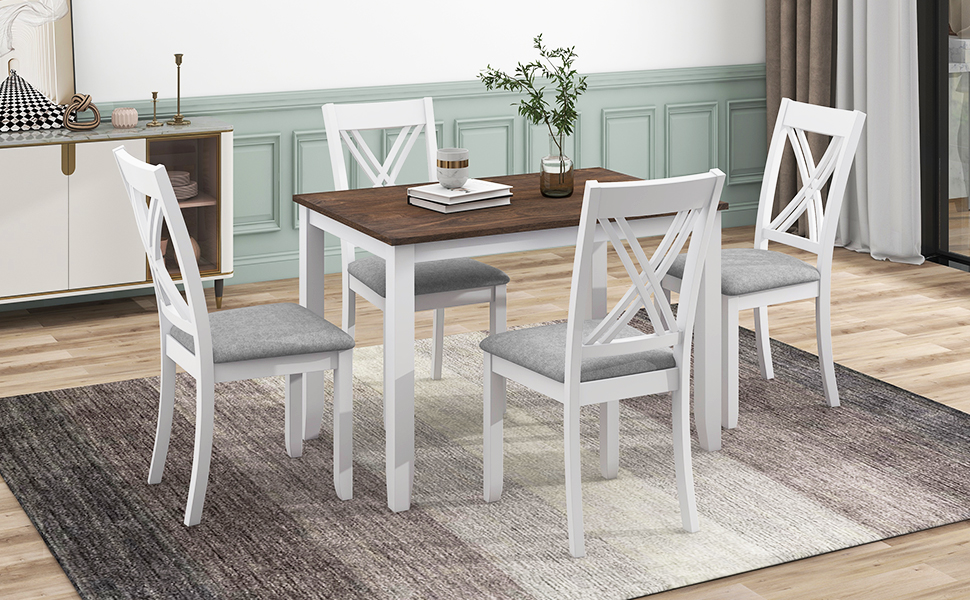 TOPMAX Rustic Minimalist Wood 5-Piece Dining Table Set with 4 X-Back Chairs for Small Places, White - Image 3