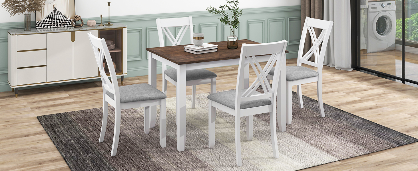 TOPMAX Rustic Minimalist Wood 5-Piece Dining Table Set with 4 X-Back Chairs for Small Places, White - Image 4