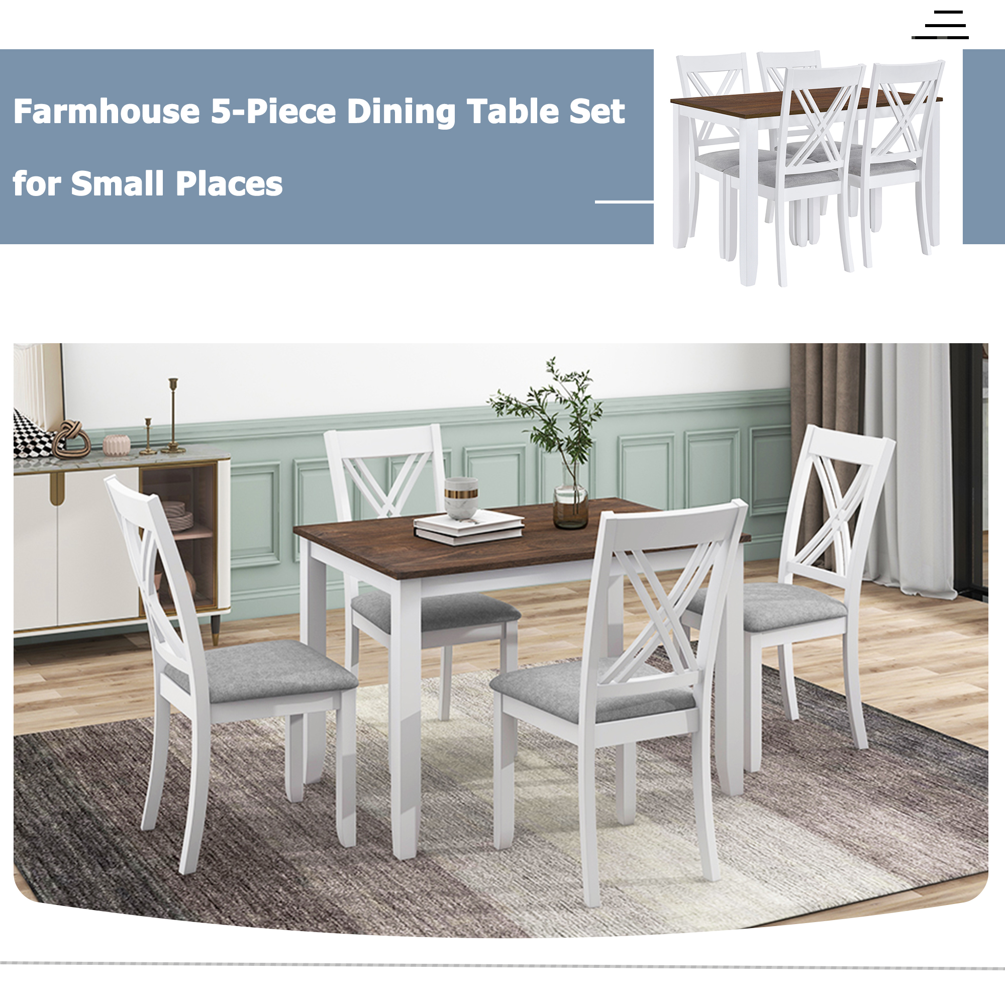TOPMAX Rustic Minimalist Wood 5-Piece Dining Table Set with 4 X-Back Chairs for Small Places, White - Image 5