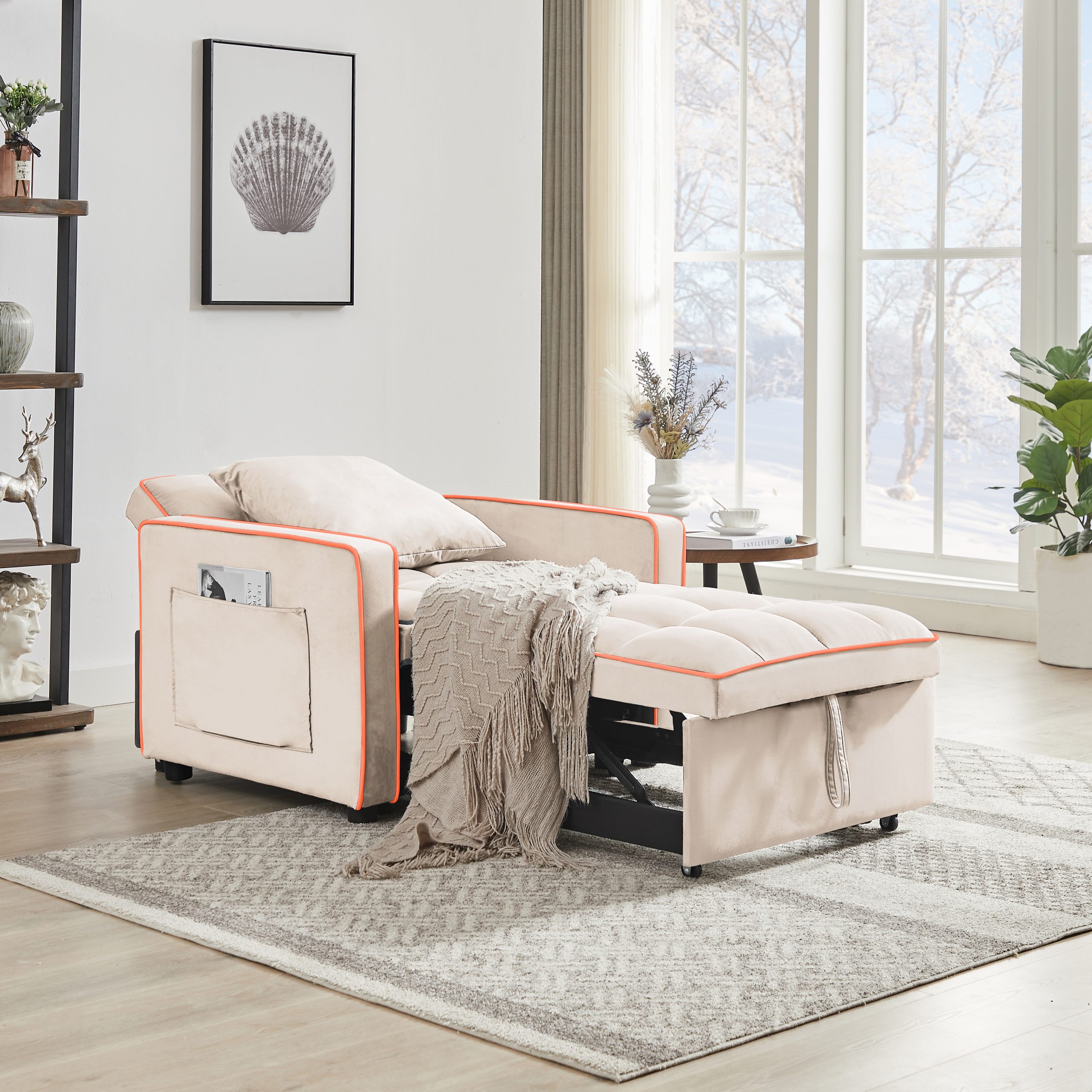 Three-in-one sofa bed chair folding sofa bed adjustable back into a sofa recliner single bed adult modern chair bed berth creamy white - Image 2
