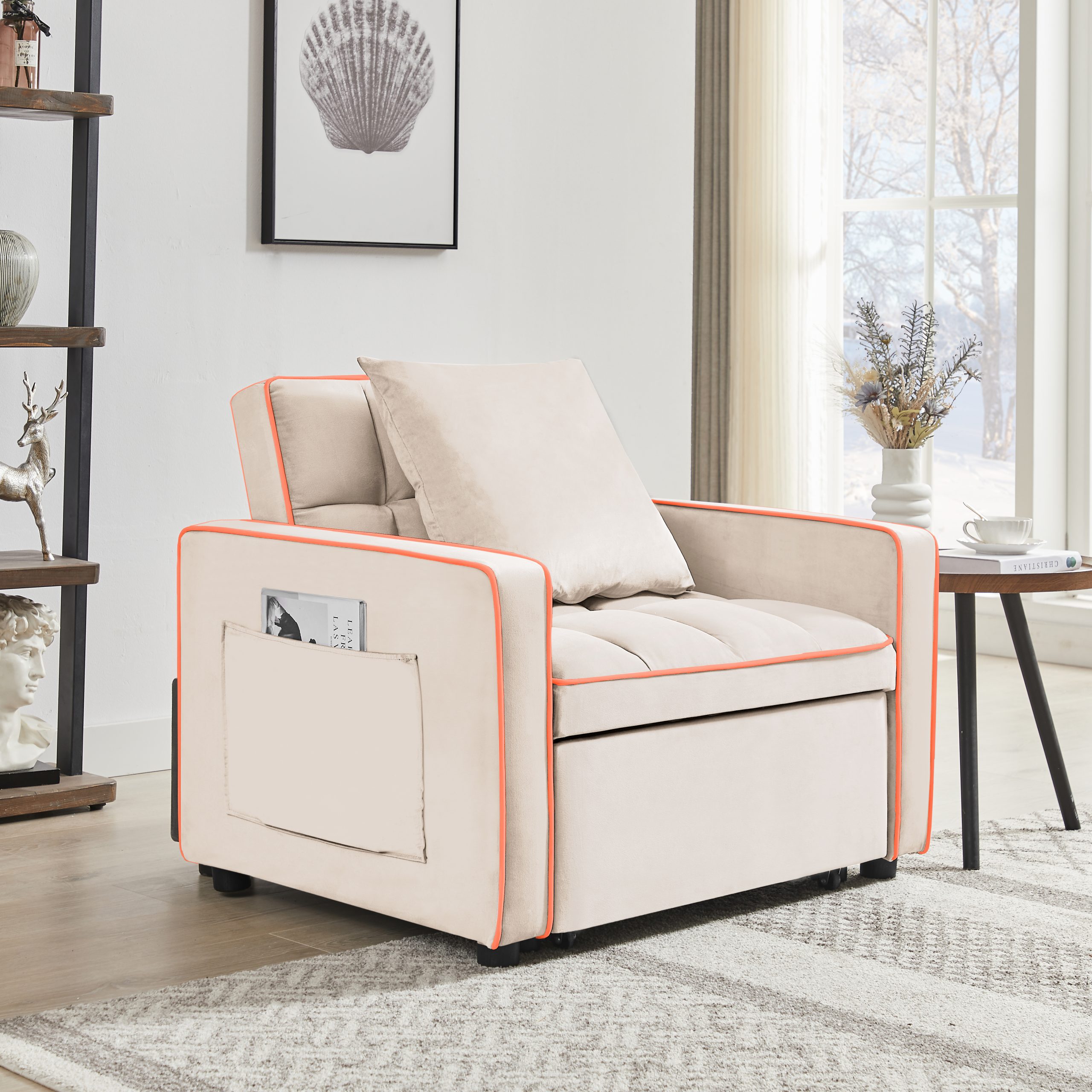Three-in-one sofa bed chair folding sofa bed adjustable back into a sofa recliner single bed adult modern chair bed berth creamy white - Image 4