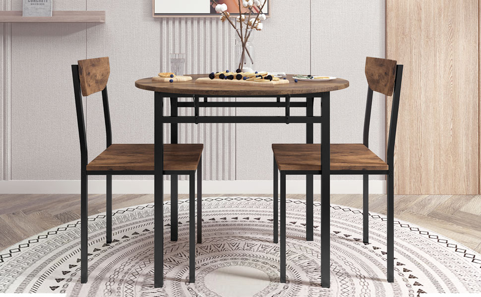 TOPMAX Modern 3-Piece Round Dining Table Set with Drop Leaf and 2 Chairs for Small Places,Black Frame+Rustic Brown Finish - Image 2