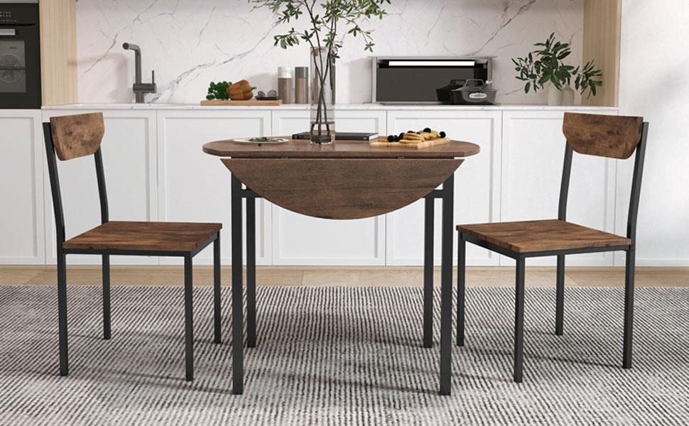 TOPMAX Modern 3-Piece Round Dining Table Set with Drop Leaf and 2 Chairs for Small Places,Black Frame+Rustic Brown Finish - Image 3