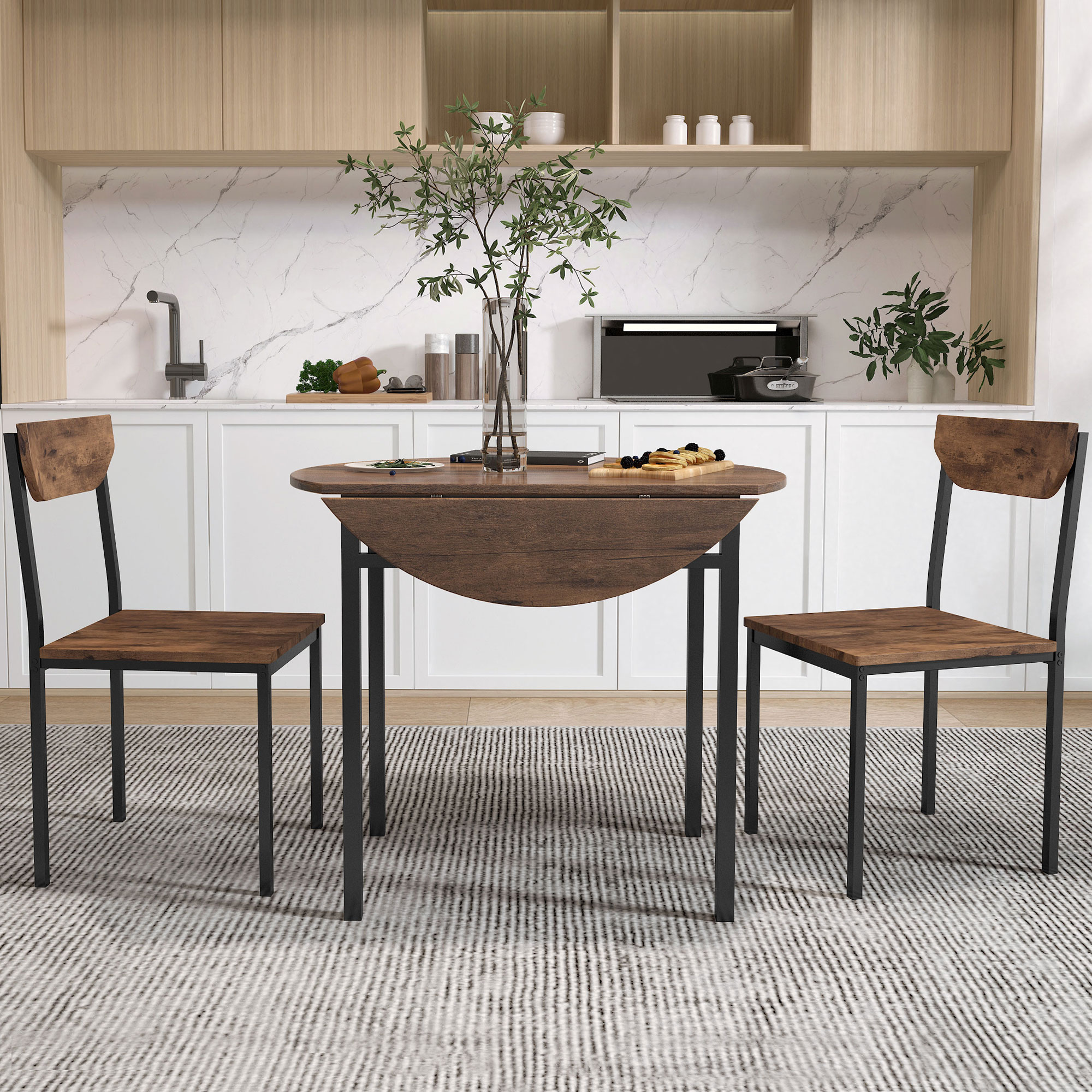 TOPMAX Modern 3-Piece Round Dining Table Set with Drop Leaf and 2 Chairs for Small Places,Black Frame+Rustic Brown Finish - Image 4