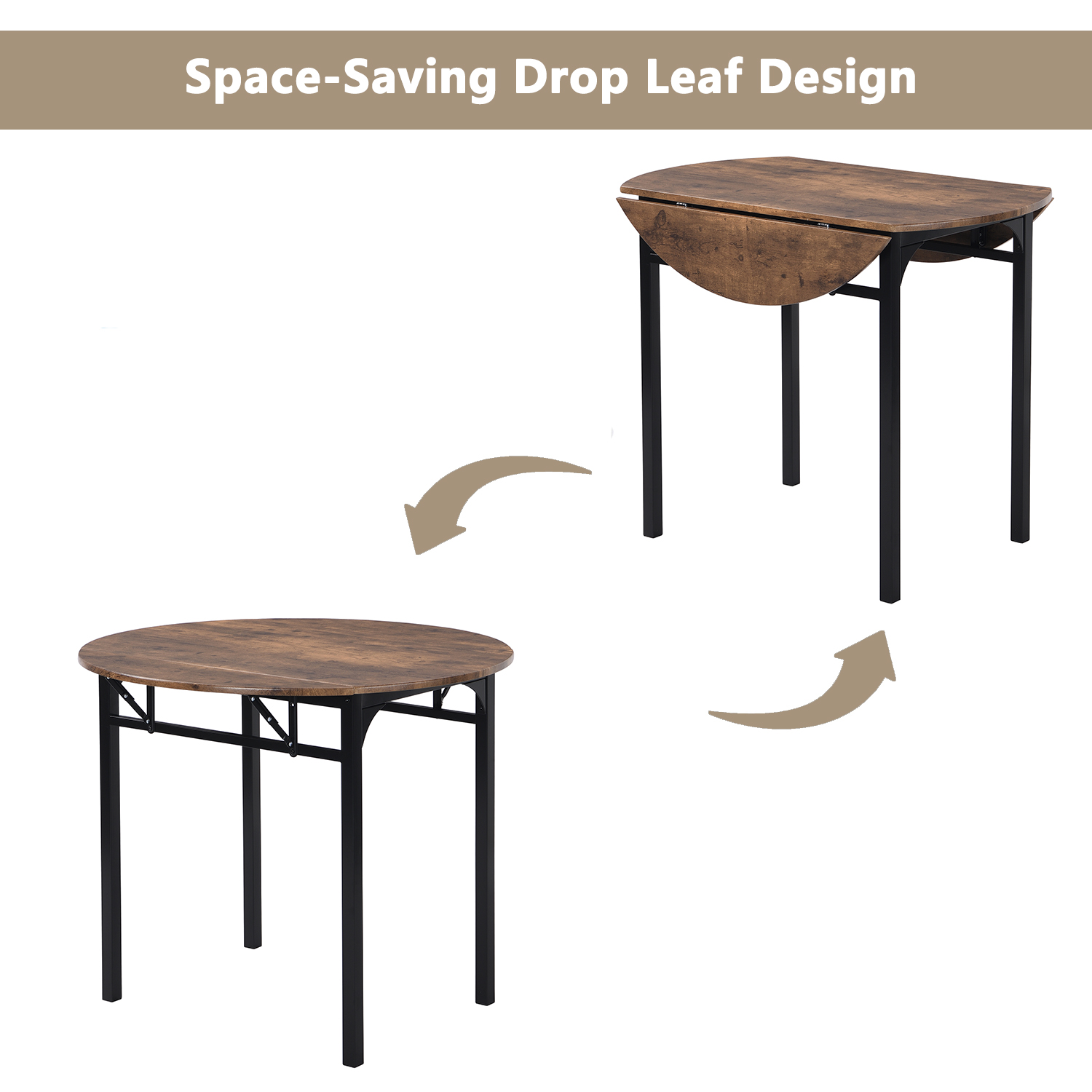 TOPMAX Modern 3-Piece Round Dining Table Set with Drop Leaf and 2 Chairs for Small Places,Black Frame+Rustic Brown Finish - Image 5
