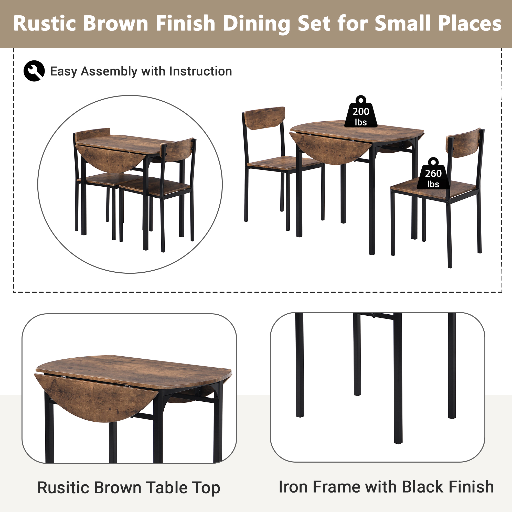 TOPMAX Modern 3-Piece Round Dining Table Set with Drop Leaf and 2 Chairs for Small Places,Black Frame+Rustic Brown Finish - Image 6