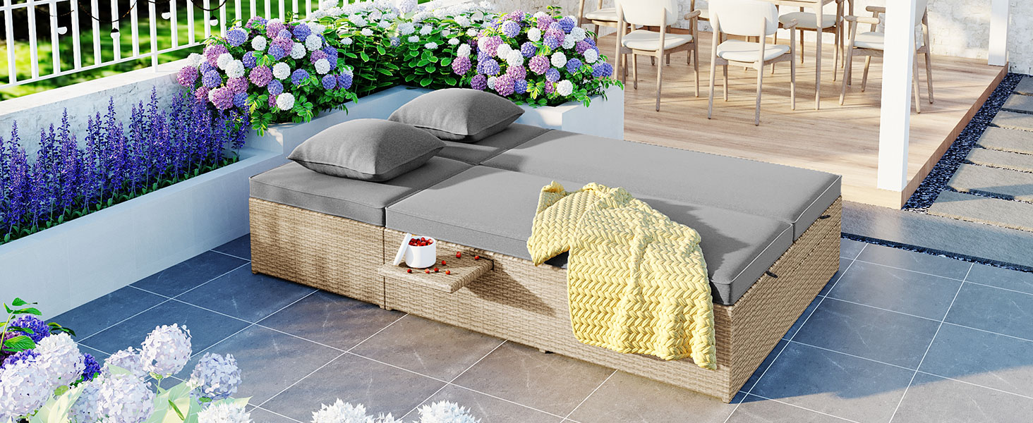 TOPMAX Outdoor Double Sunbed, Wicker Rattan Patio Reclining Chairs with Adjustable Backrest and Seat, Conversational Set for 2 Person, Brown - Image 3