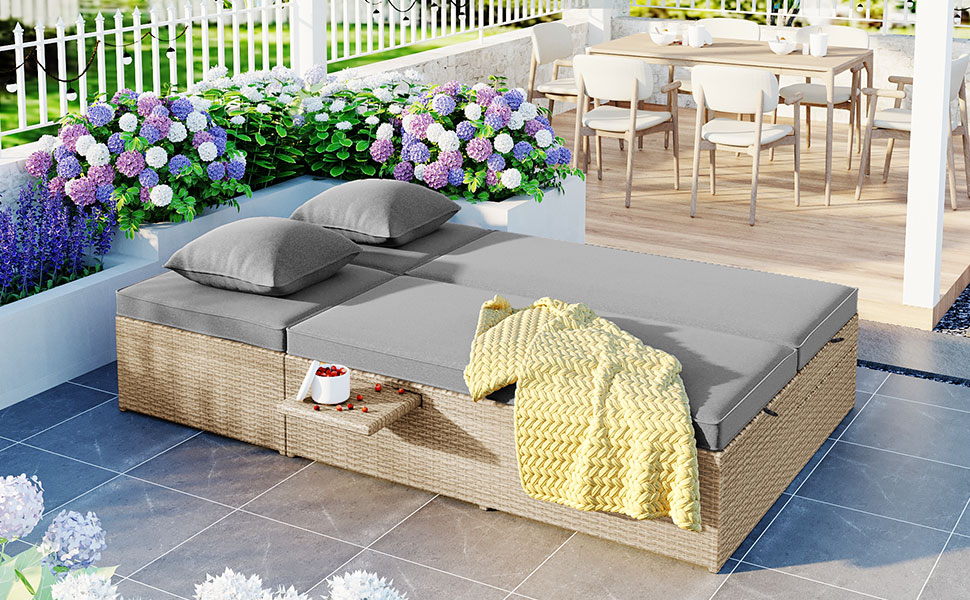 TOPMAX Outdoor Double Sunbed, Wicker Rattan Patio Reclining Chairs with Adjustable Backrest and Seat, Conversational Set for 2 Person, Brown - Image 4