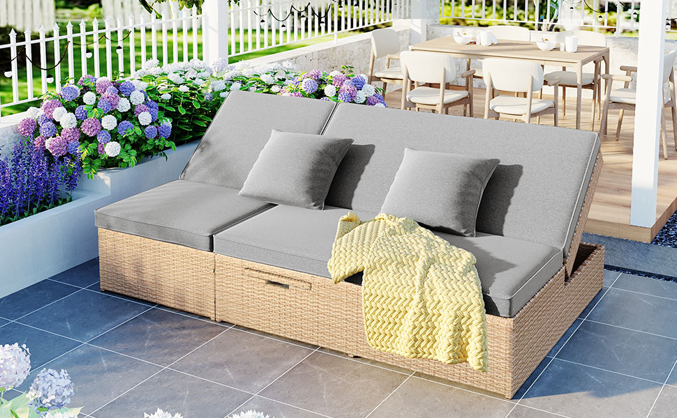 TOPMAX Outdoor Double Sunbed, Wicker Rattan Patio Reclining Chairs with Adjustable Backrest and Seat, Conversational Set for 2 Person, Brown - Image 5