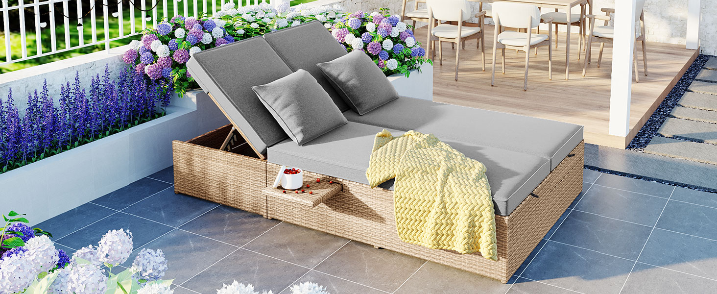 TOPMAX Outdoor Double Sunbed, Wicker Rattan Patio Reclining Chairs with Adjustable Backrest and Seat, Conversational Set for 2 Person, Brown - Image 6