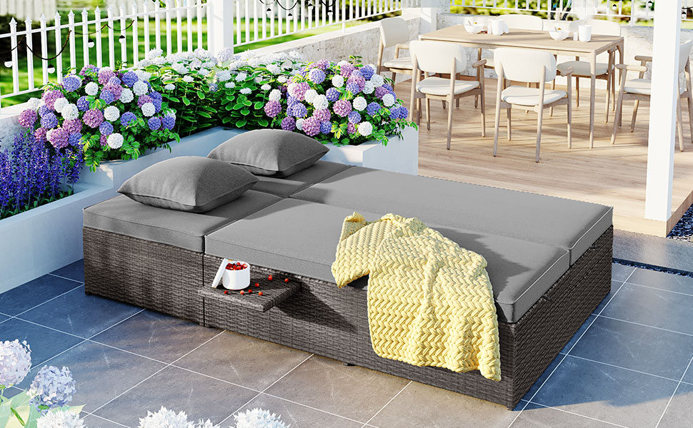 TOPMAX Outdoor Double Sunbed, Wicker Rattan Patio Reclining Chairs with Adjustable Backrest and Seat, Conversational Set for 2 Person, Gray - Image 3