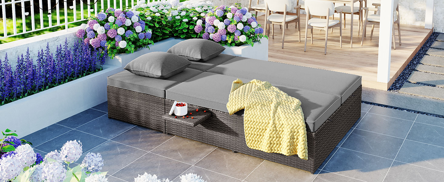 TOPMAX Outdoor Double Sunbed, Wicker Rattan Patio Reclining Chairs with Adjustable Backrest and Seat, Conversational Set for 2 Person, Gray - Image 4