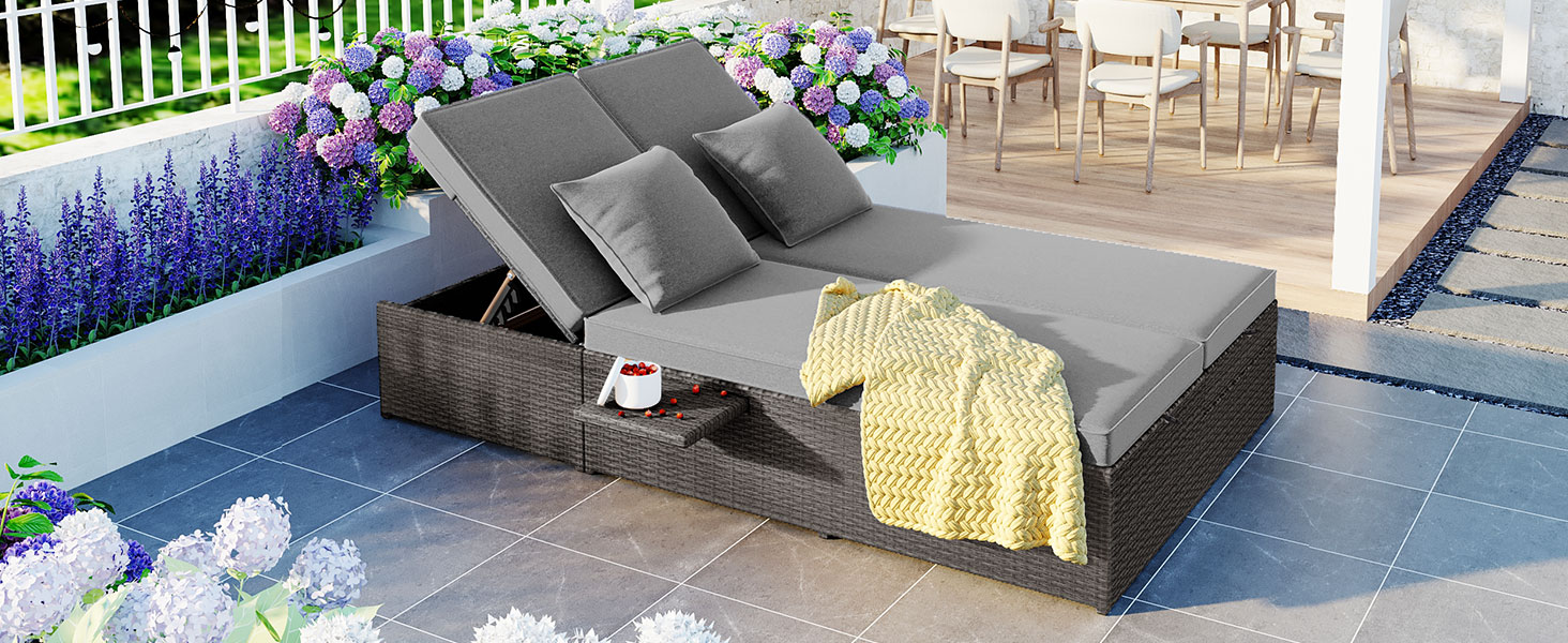 TOPMAX Outdoor Double Sunbed, Wicker Rattan Patio Reclining Chairs with Adjustable Backrest and Seat, Conversational Set for 2 Person, Gray - Image 5