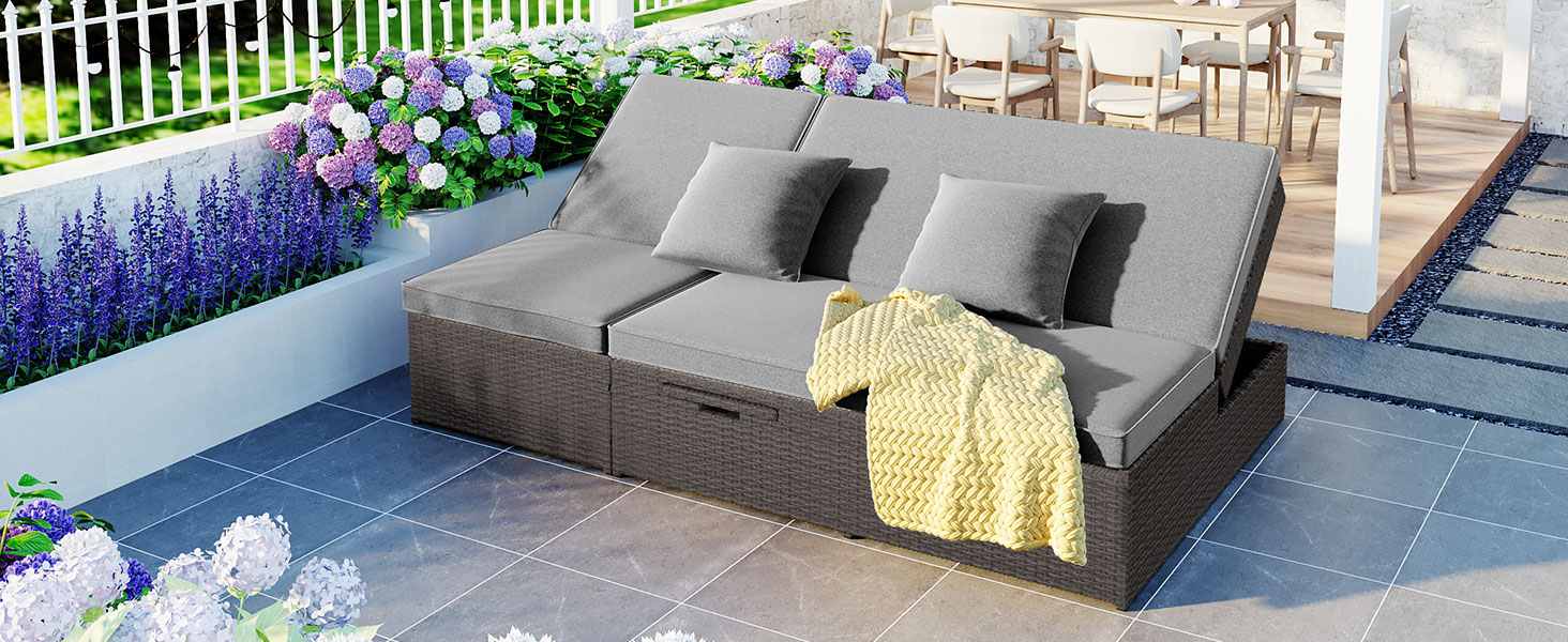 TOPMAX Outdoor Double Sunbed, Wicker Rattan Patio Reclining Chairs with Adjustable Backrest and Seat, Conversational Set for 2 Person, Gray - Image 6