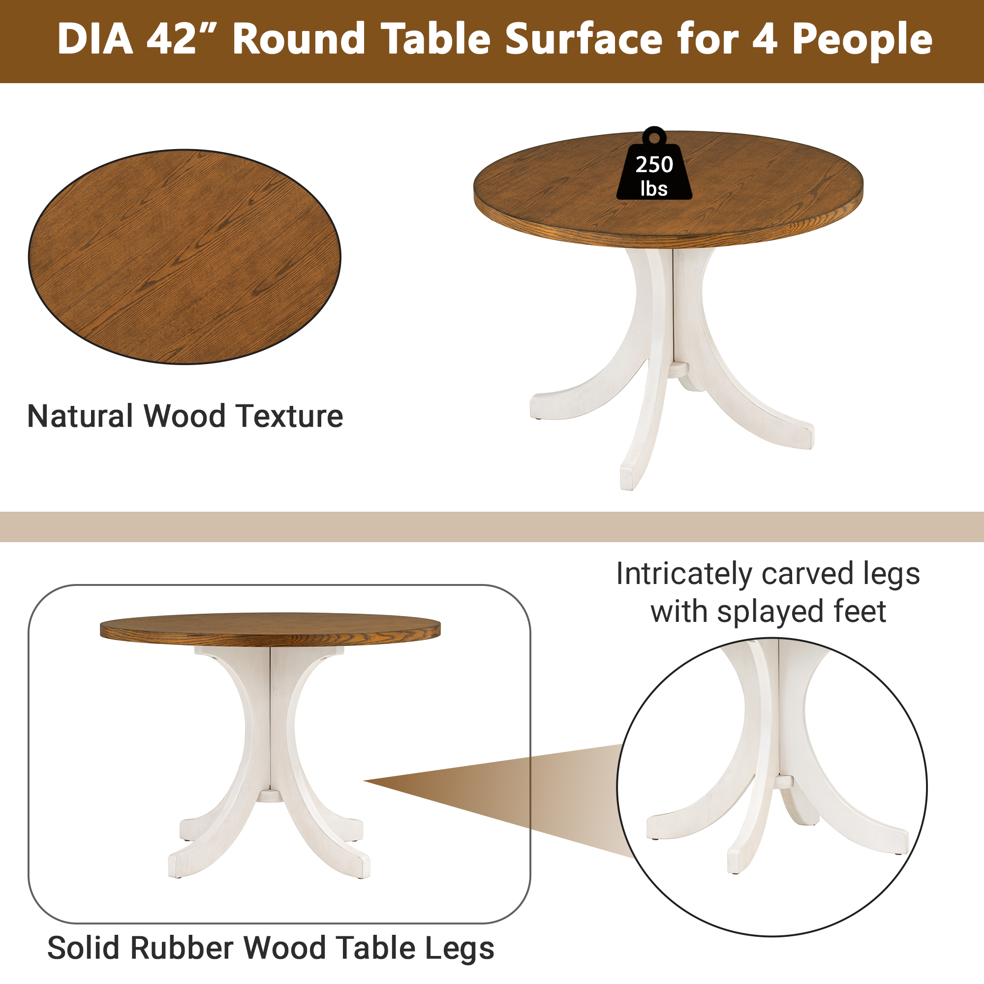 TOPMAX Mid-Century Solid Wood Round Dining Table for Small Places, Walnut Table - Image 3