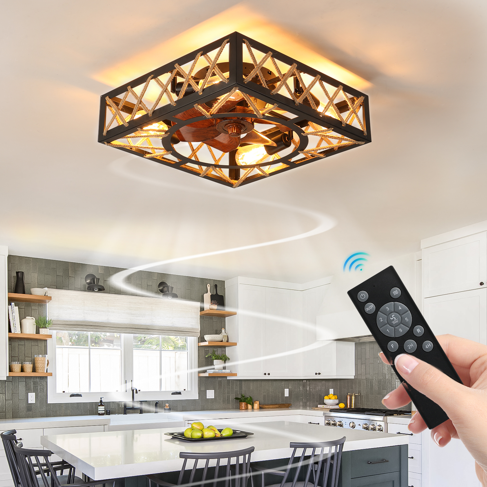 Farmhouse Rustic Ceiling Fan and Remote Control,Square Caged Industrial Ceiling Fixture with 6 Speeds & Noiseless DC Motor for Kitchen Dining Room Living Room Bedroom - Image 2