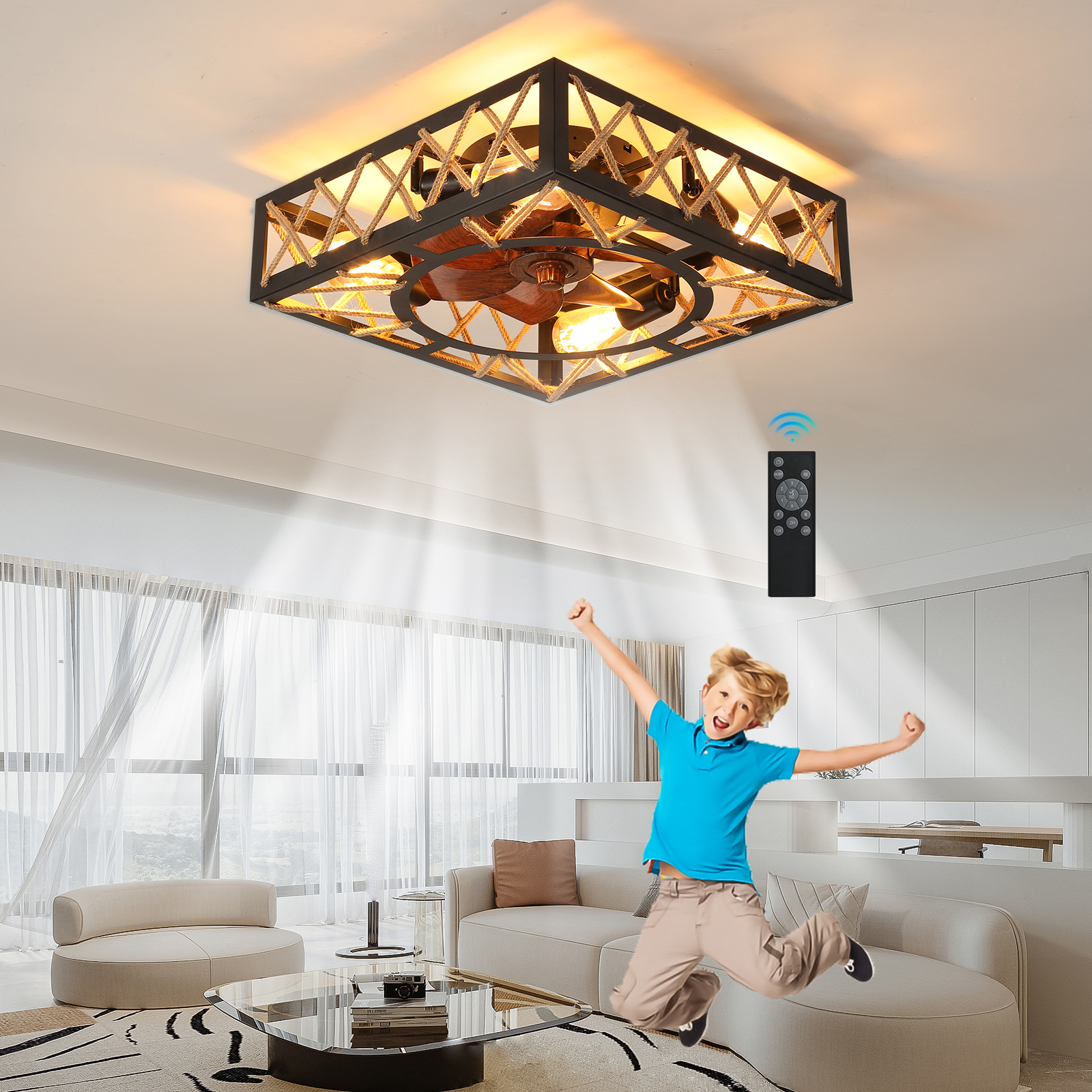 Farmhouse Rustic Ceiling Fan and Remote Control,Square Caged Industrial Ceiling Fixture with 6 Speeds & Noiseless DC Motor for Kitchen Dining Room Living Room Bedroom - Image 3