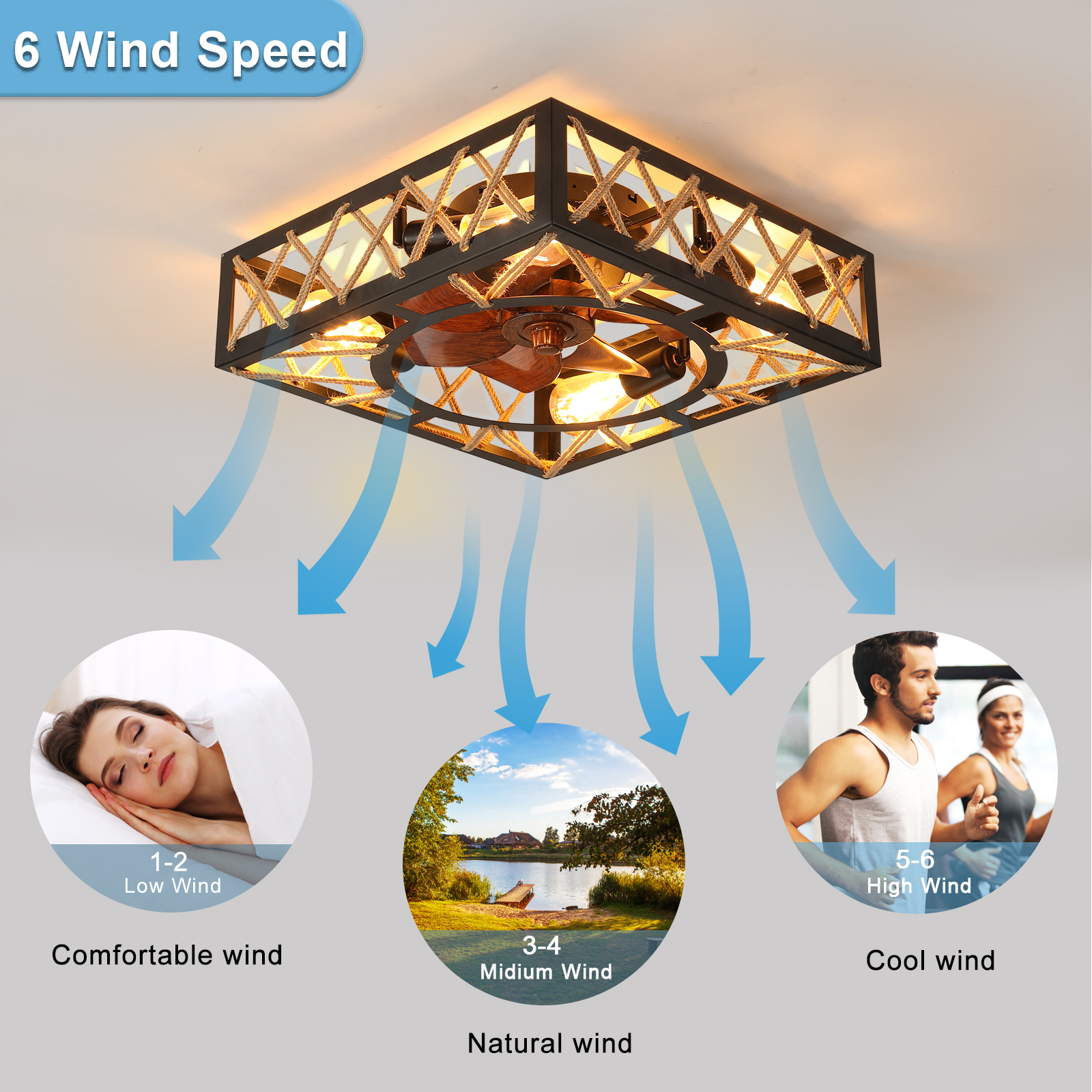 Farmhouse Rustic Ceiling Fan and Remote Control,Square Caged Industrial Ceiling Fixture with 6 Speeds & Noiseless DC Motor for Kitchen Dining Room Living Room Bedroom - Image 4