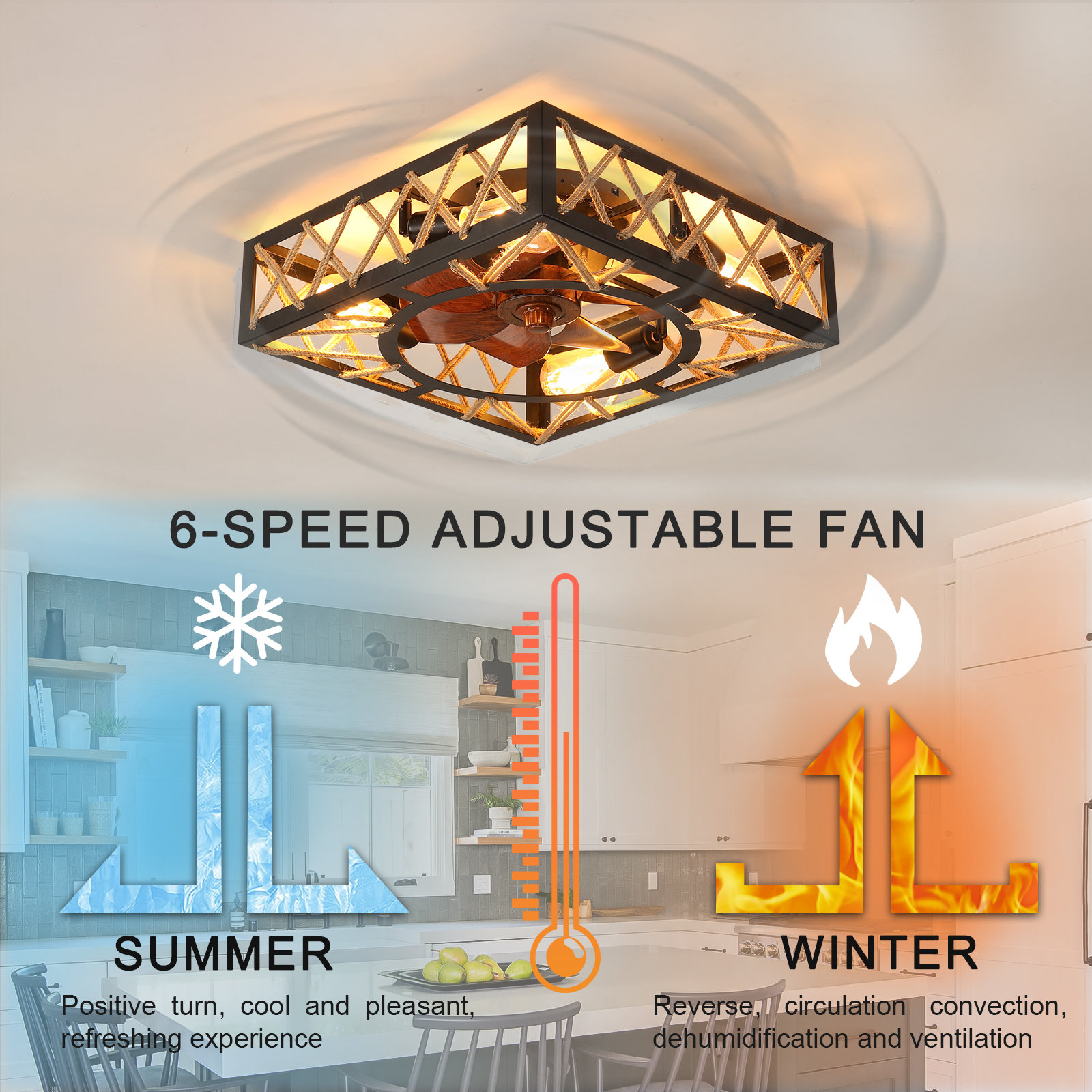 Farmhouse Rustic Ceiling Fan and Remote Control,Square Caged Industrial Ceiling Fixture with 6 Speeds & Noiseless DC Motor for Kitchen Dining Room Living Room Bedroom - Image 6