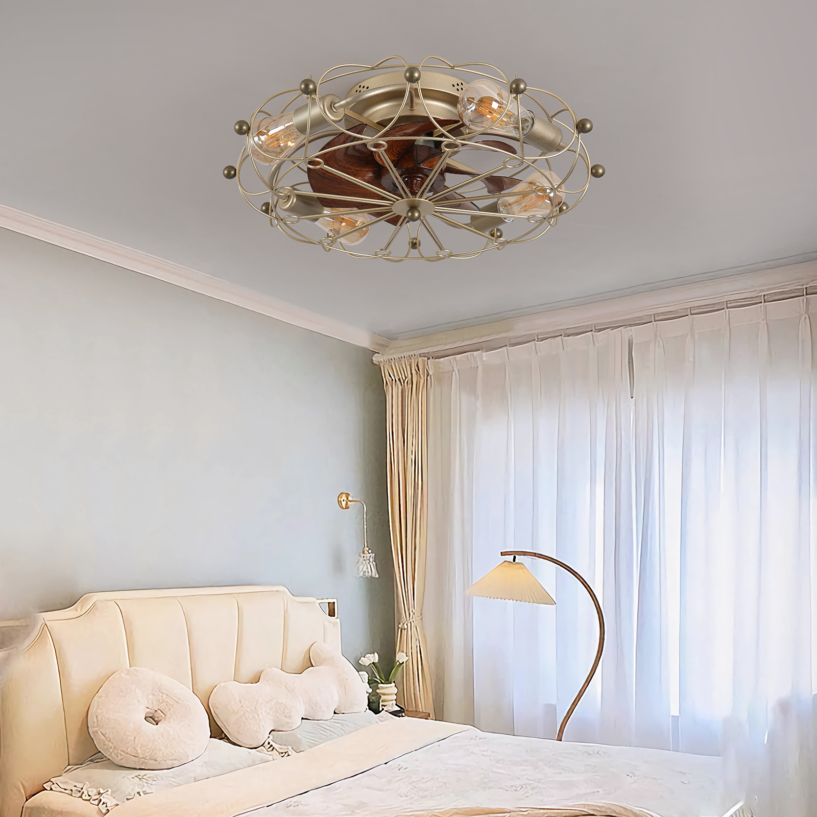 Low Profile Caged Ceiling Fan with Lights Remote Control, Embedded modern industrial ceiling fan - Image 2