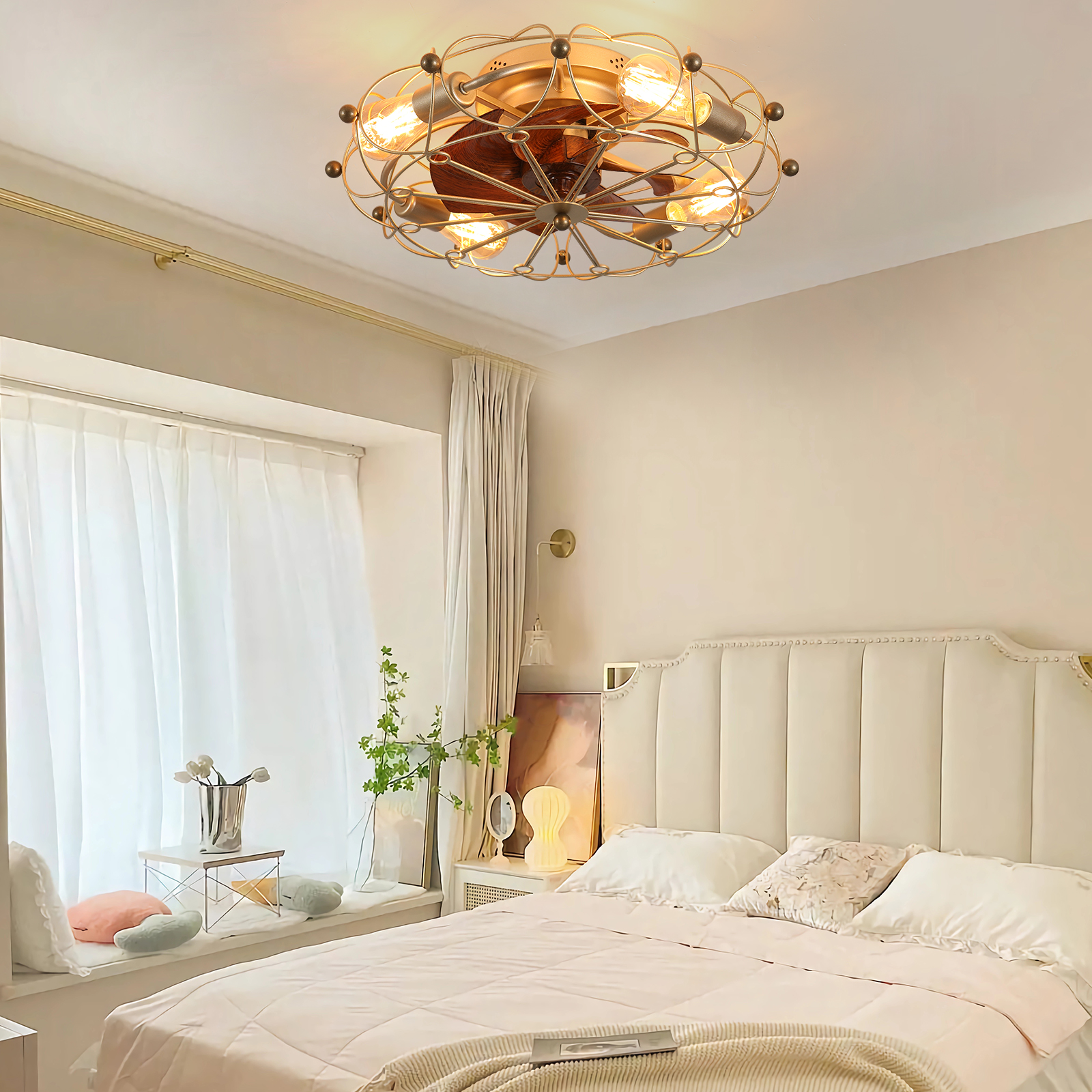 Low Profile Caged Ceiling Fan with Lights Remote Control, Embedded modern industrial ceiling fan - Image 4