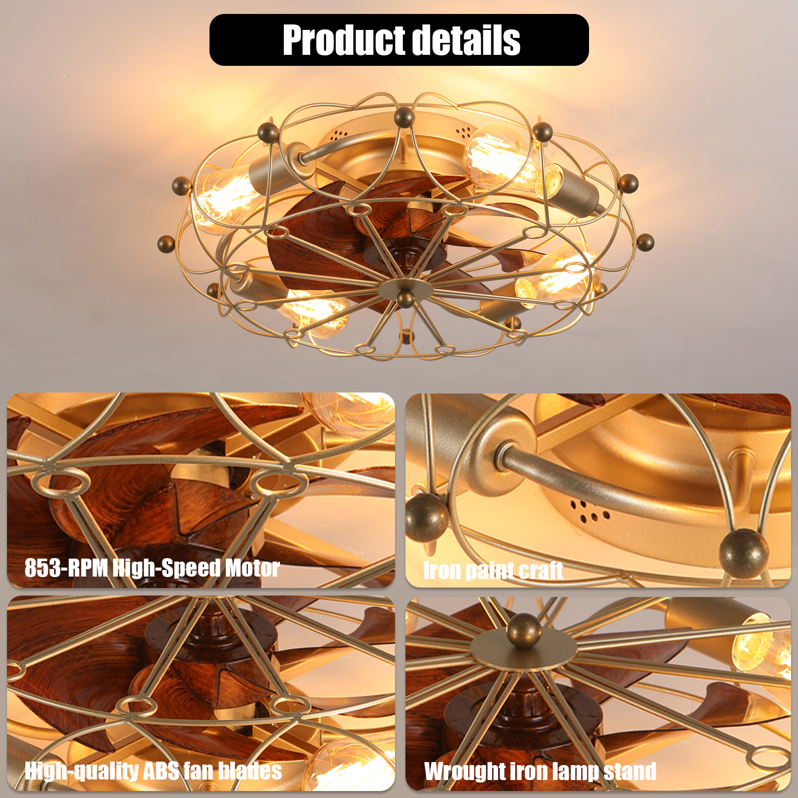 Low Profile Caged Ceiling Fan with Lights Remote Control, Embedded modern industrial ceiling fan - Image 6