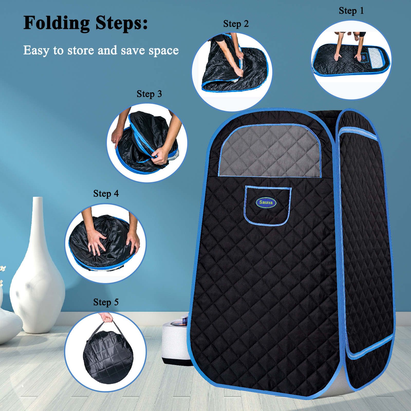 Portable Folding Full size Steam Sauna with 1000W&2.2L steam Generator. Personal Sauna Tent for Relaxation & Spa at home. Fast heating. Folding Steel Rim, it's easy to install, with FCC certification. - Image 2