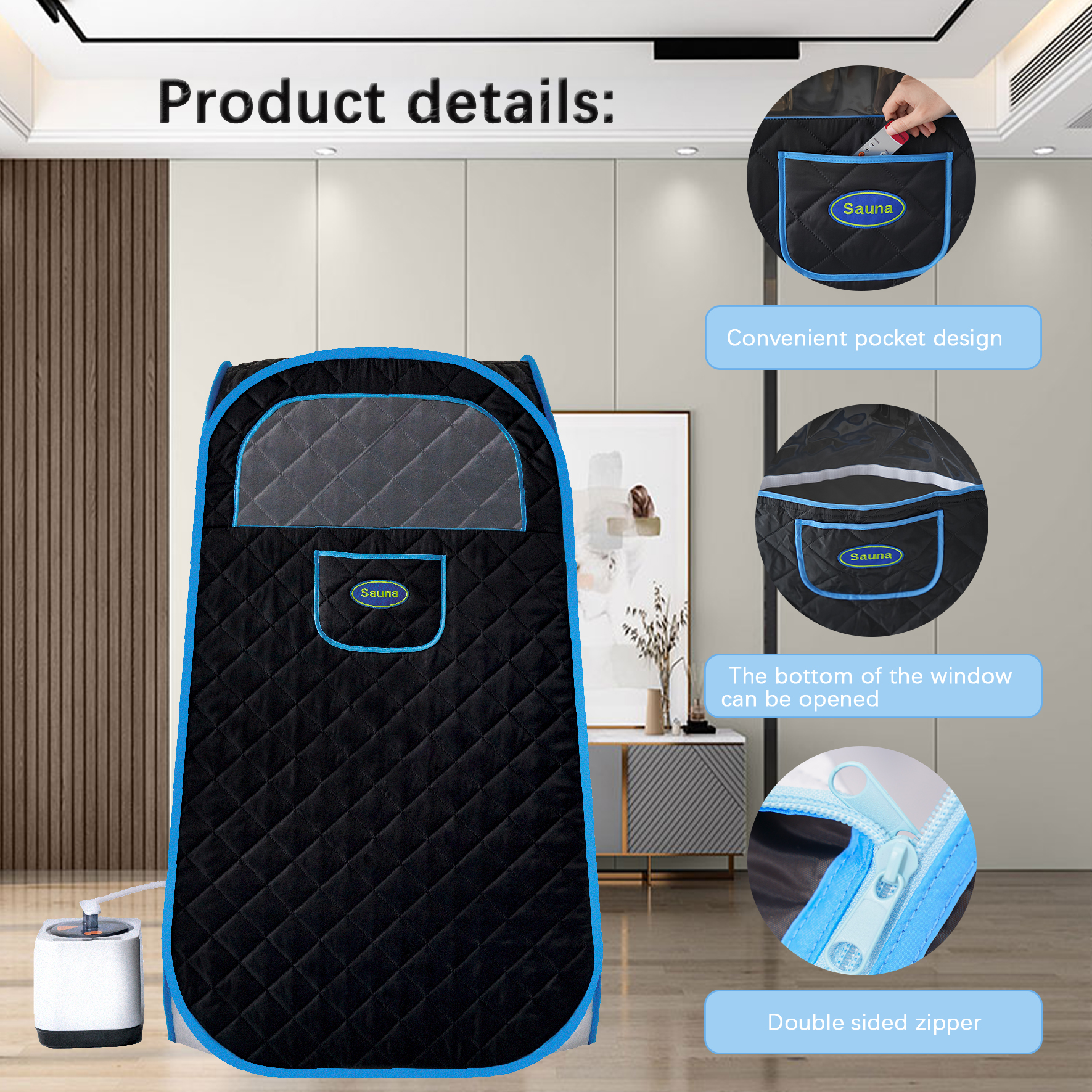 Portable Folding Full size Steam Sauna with 1000W&2.2L steam Generator. Personal Sauna Tent for Relaxation & Spa at home. Fast heating. Folding Steel Rim, it's easy to install, with FCC certification. - Image 3