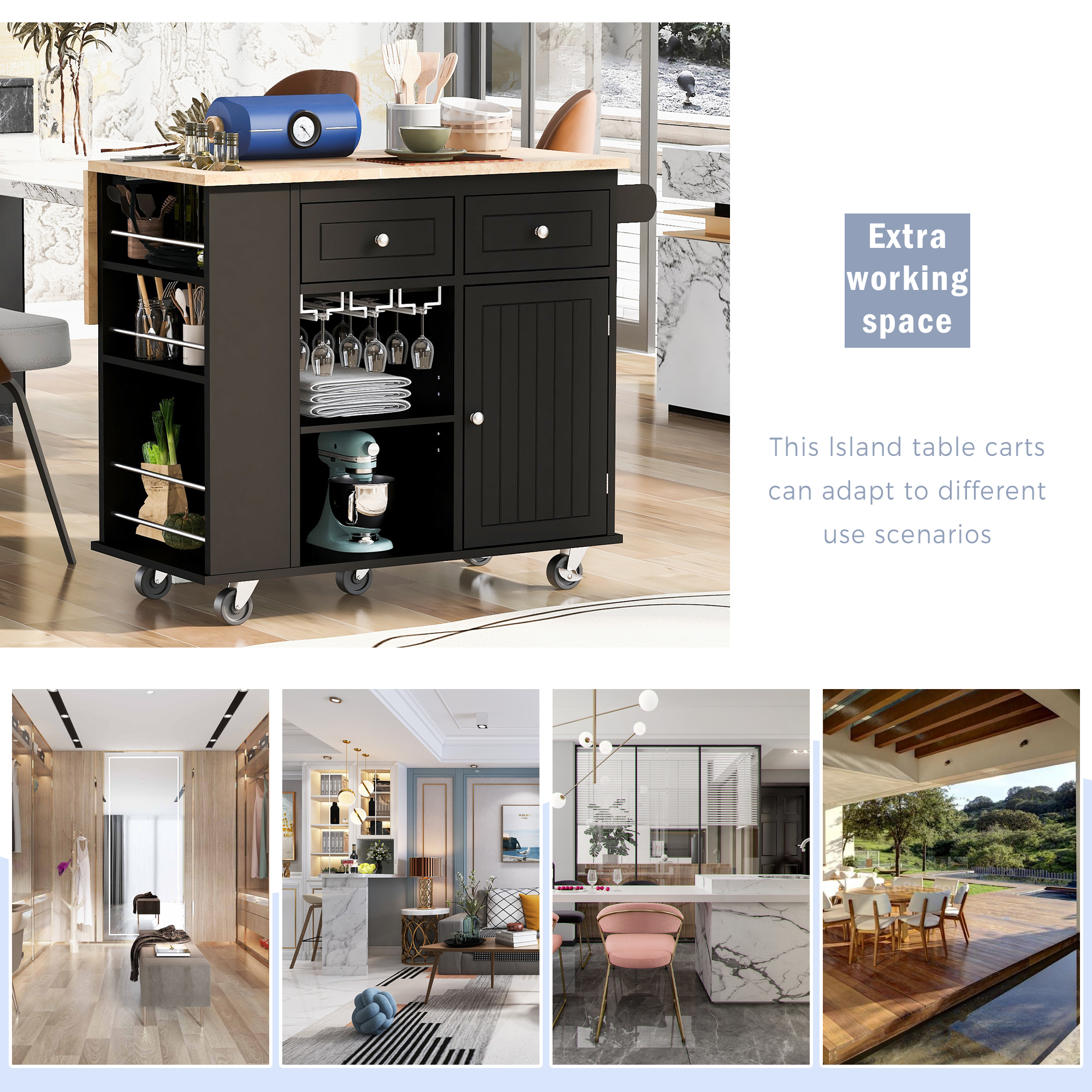 Kitchen Island with Power Outlet,Kitchen Storage Island with Drop Leaf and Rubber Wood,Open Storage and Wine Rack,5 Wheels,with Adjustable Storage for Home, Kitchen, and Dining Room, Black - Image 6