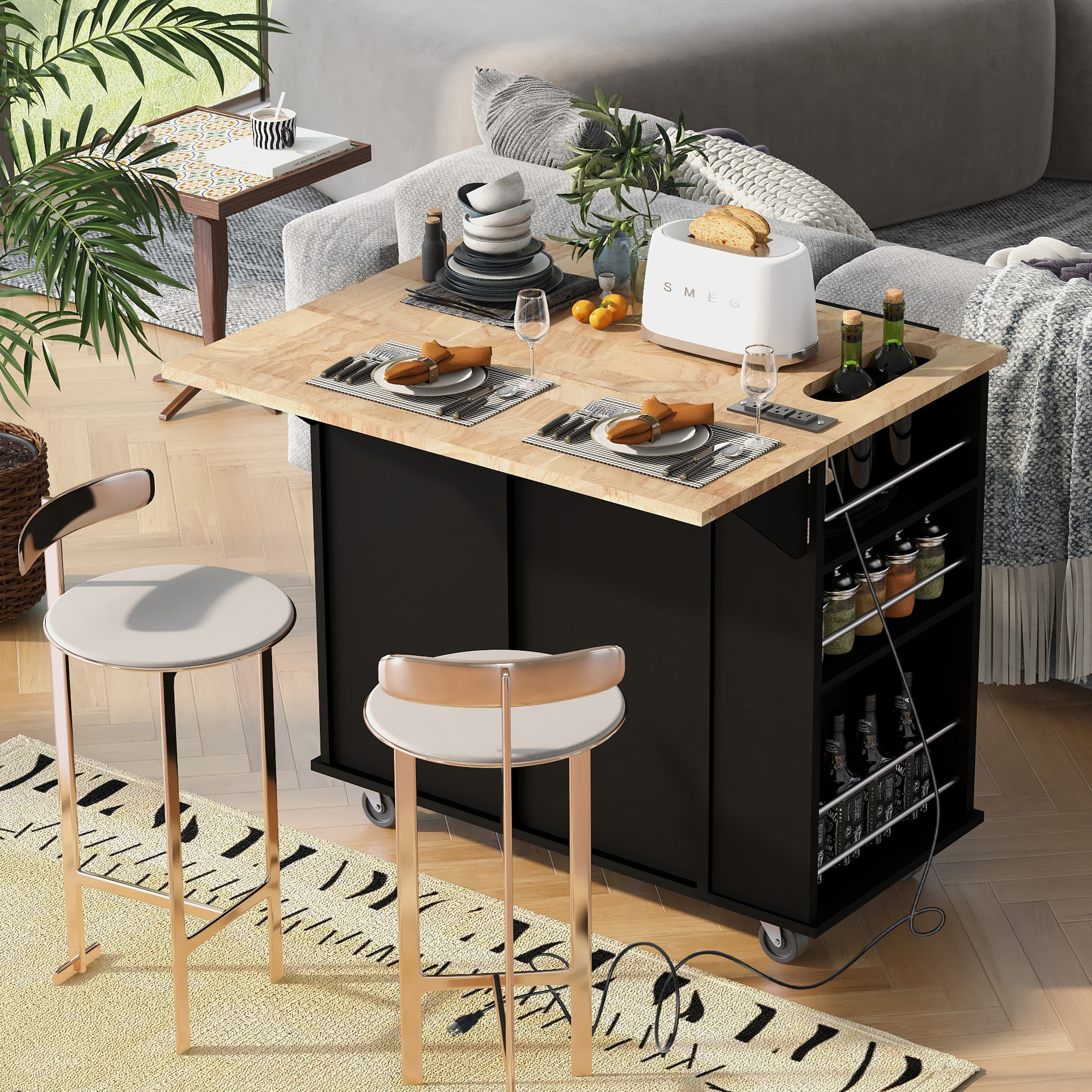 Kitchen Island with Power Outlet,Kitchen Storage Island with Drop Leaf and Rubber Wood,Open Storage and Wine Rack,5 Wheels,with Adjustable Storage for Home, Kitchen, and Dining Room, Black - Image 5