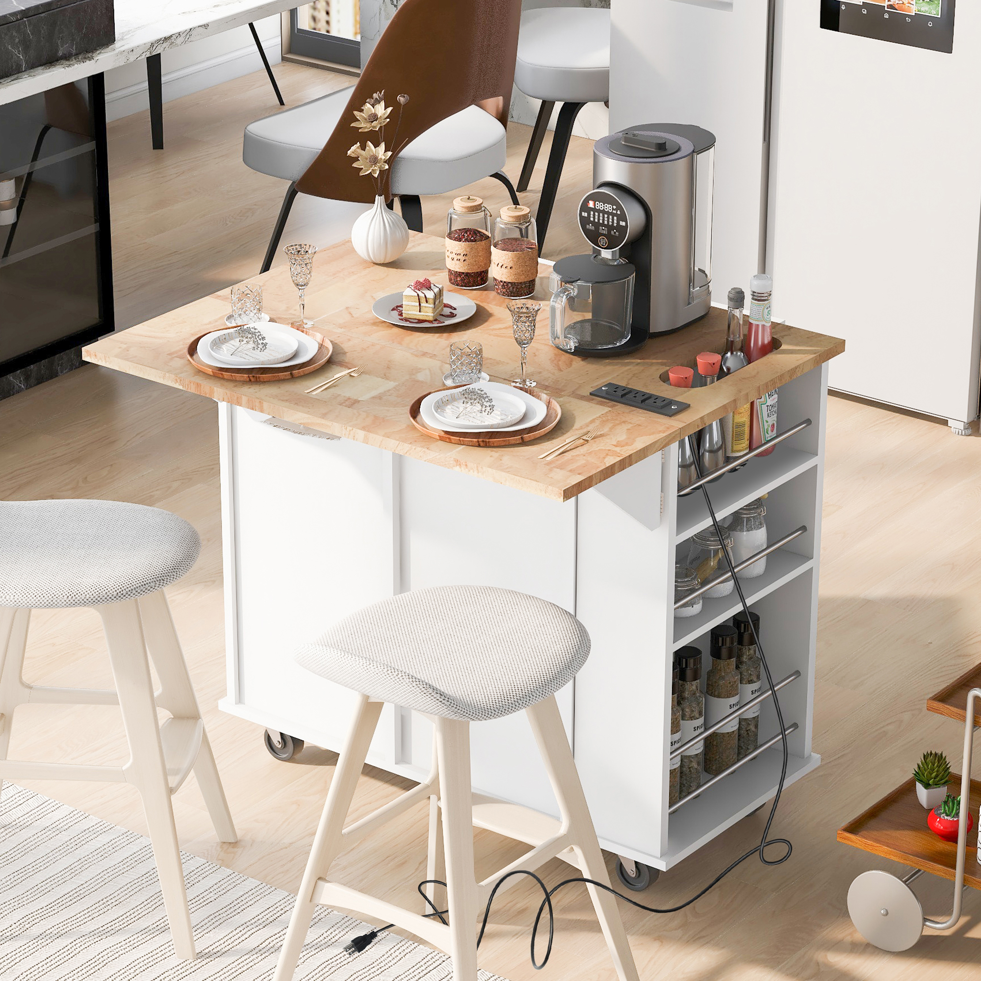 Kitchen Island with Power Outlet,Kitchen Storage Island with Drop Leaf and Rubber Wood,Open Storage and Wine Rack,5 Wheels,with Adjustable Storage for Home, Kitchen, and Dining Room,White - Image 5