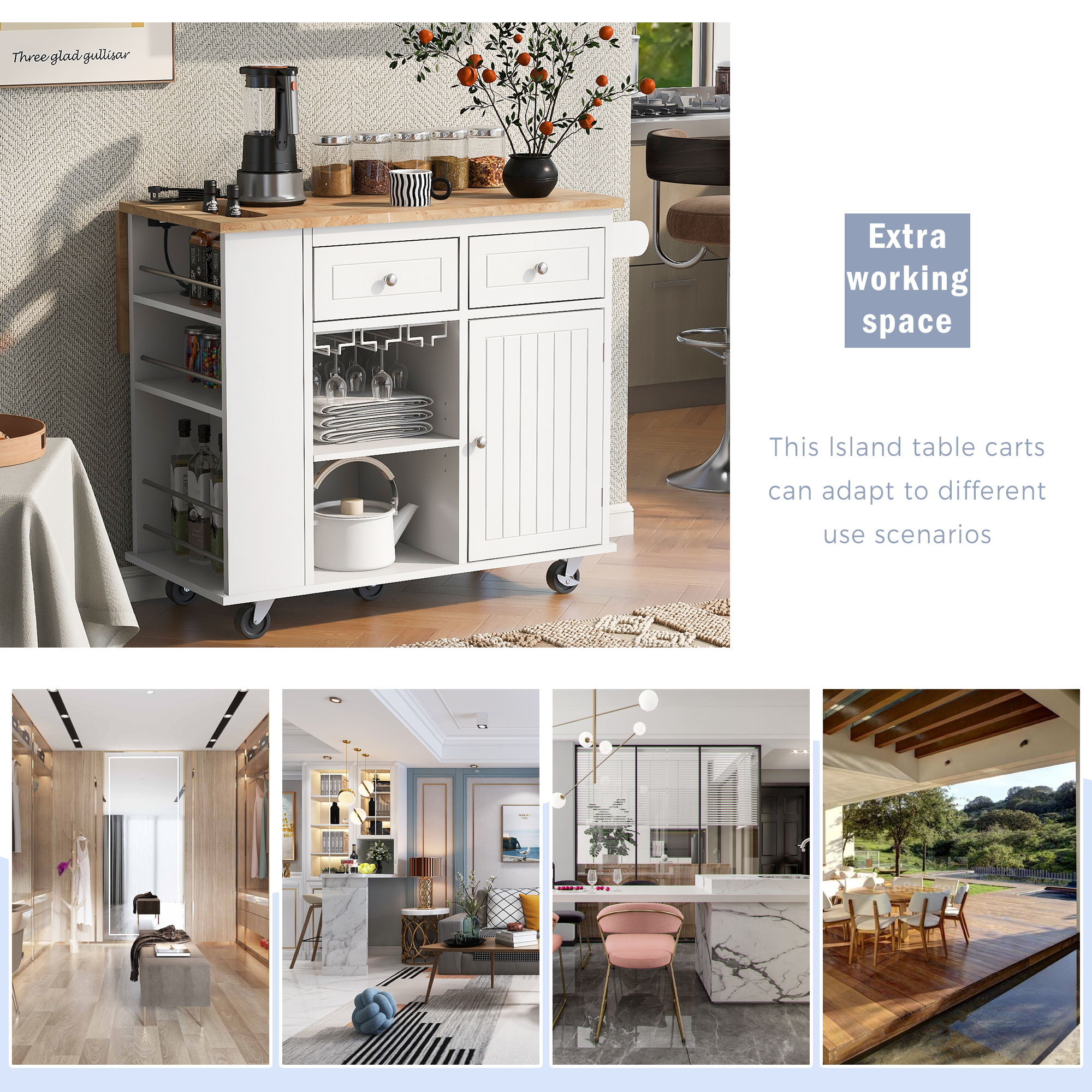 Kitchen Island with Power Outlet,Kitchen Storage Island with Drop Leaf and Rubber Wood,Open Storage and Wine Rack,5 Wheels,with Adjustable Storage for Home, Kitchen, and Dining Room,White - Image 6