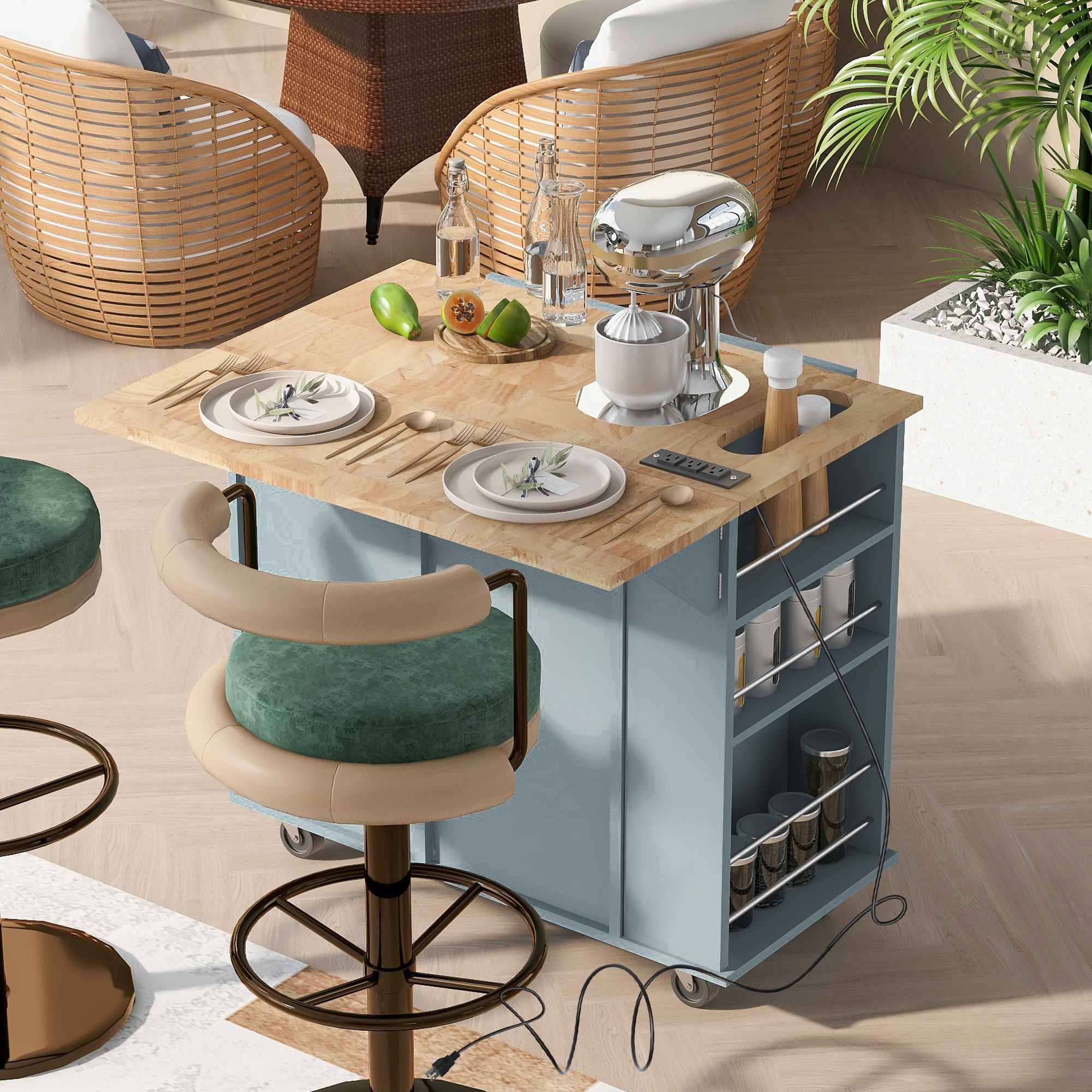 Kitchen Island with Power Outlet,Kitchen Storage Island with Drop Leaf and Rubber Wood,Open Storage and Wine Rack,5 Wheels,with Adjustable Storage for Home, Kitchen, and Dining Room, Grey Blue - Image 5