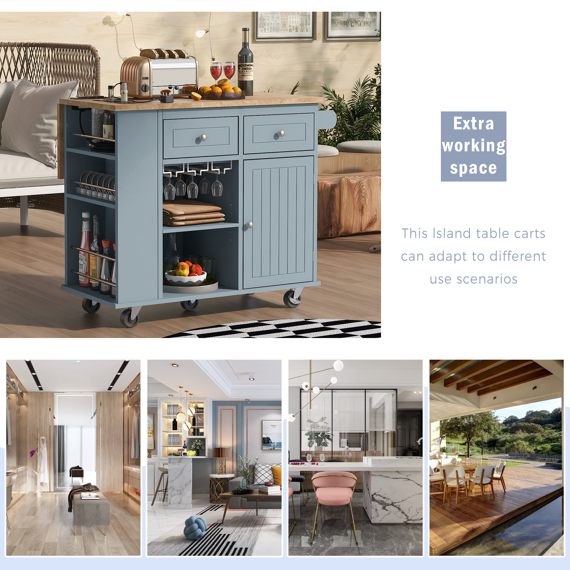 Kitchen Island with Power Outlet,Kitchen Storage Island with Drop Leaf and Rubber Wood,Open Storage and Wine Rack,5 Wheels,with Adjustable Storage for Home, Kitchen, and Dining Room, Grey Blue - Image 6