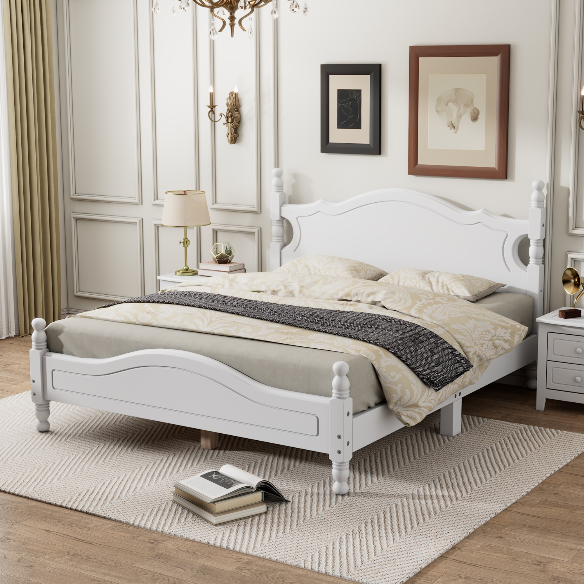 Queen Size Wood Platform Bed Frame,Retro Style Platform Bed with Wooden Slat Support,White - Image 2