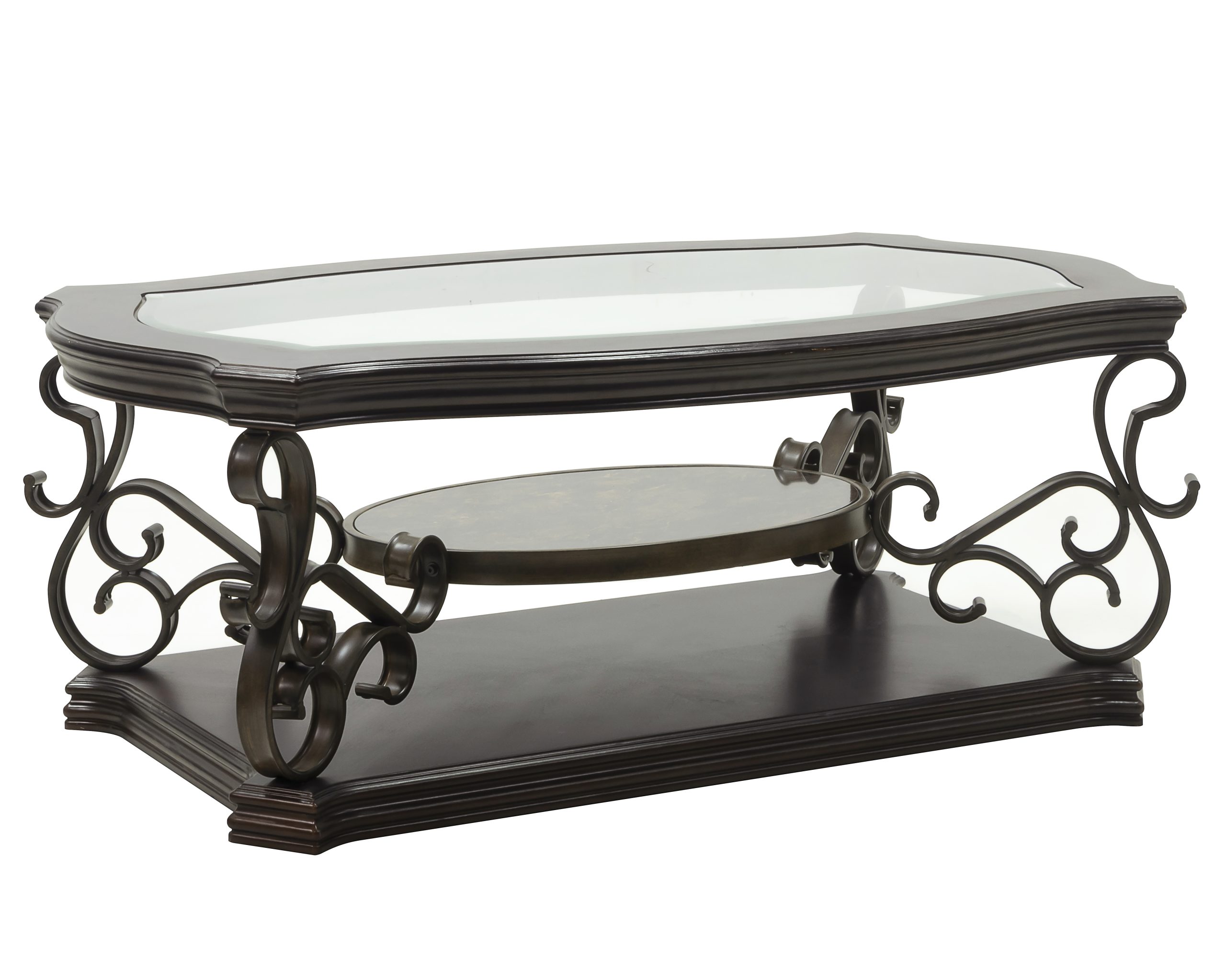 Cocktail Table, Glass table top, MDF W/marble paper middle shelf, powder coat finish metal legs. (52"Lx32"Wx20.3"H) - Image 2