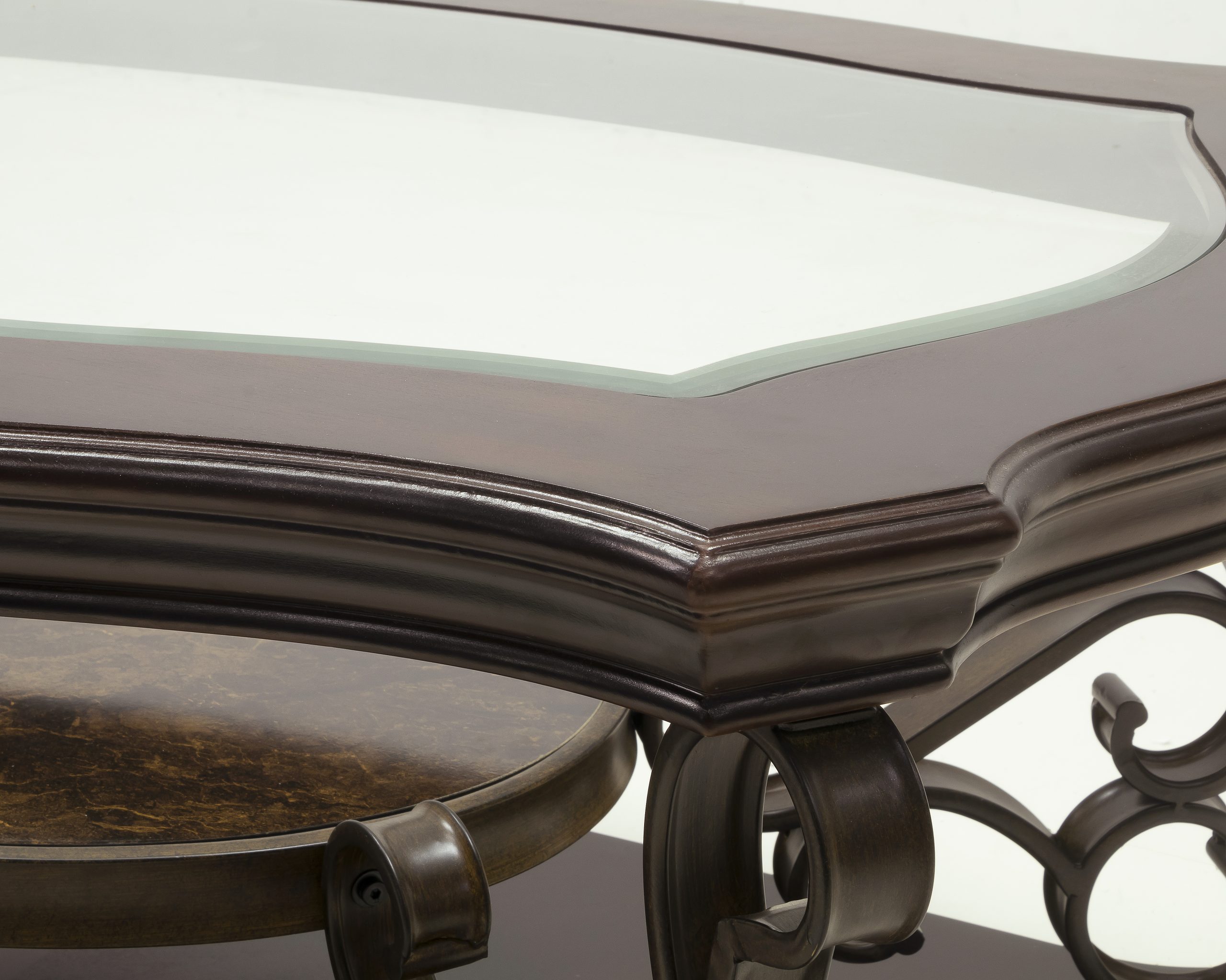Cocktail Table, Glass table top, MDF W/marble paper middle shelf, powder coat finish metal legs. (52"Lx32"Wx20.3"H) - Image 3