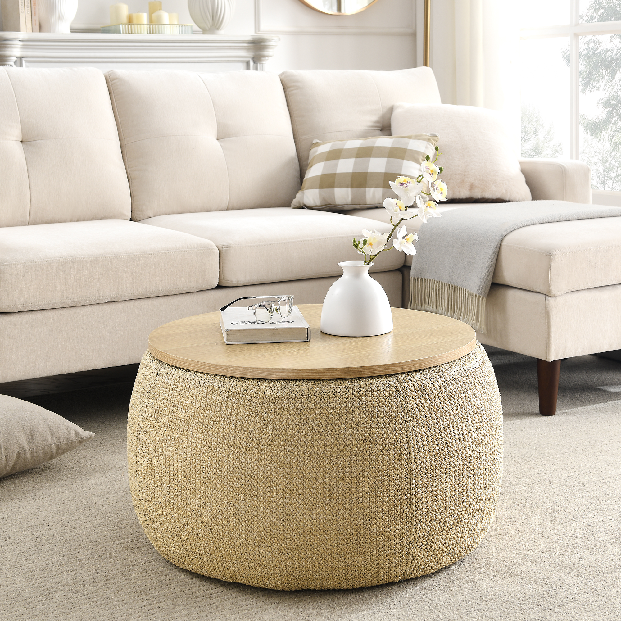 Round Storage Ottoman, 2 in 1 Function, Work as End table and Ottoman, Natural (25.5"x25.5"x14.5") - Image 2