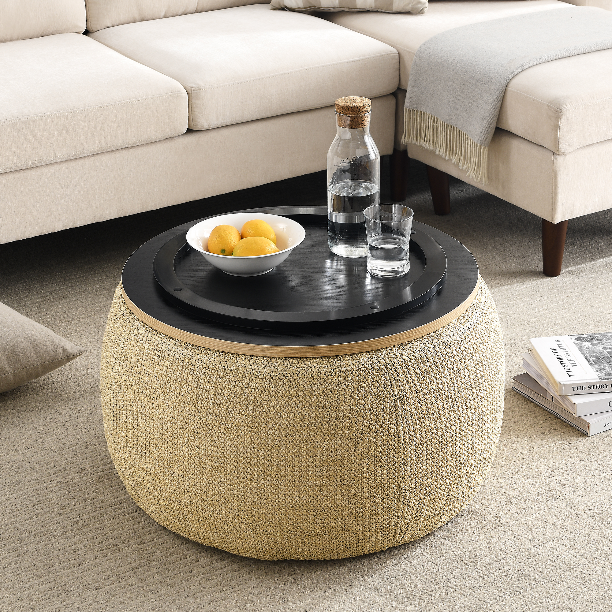 Round Storage Ottoman, 2 in 1 Function, Work as End table and Ottoman, Natural (25.5"x25.5"x14.5") - Image 3