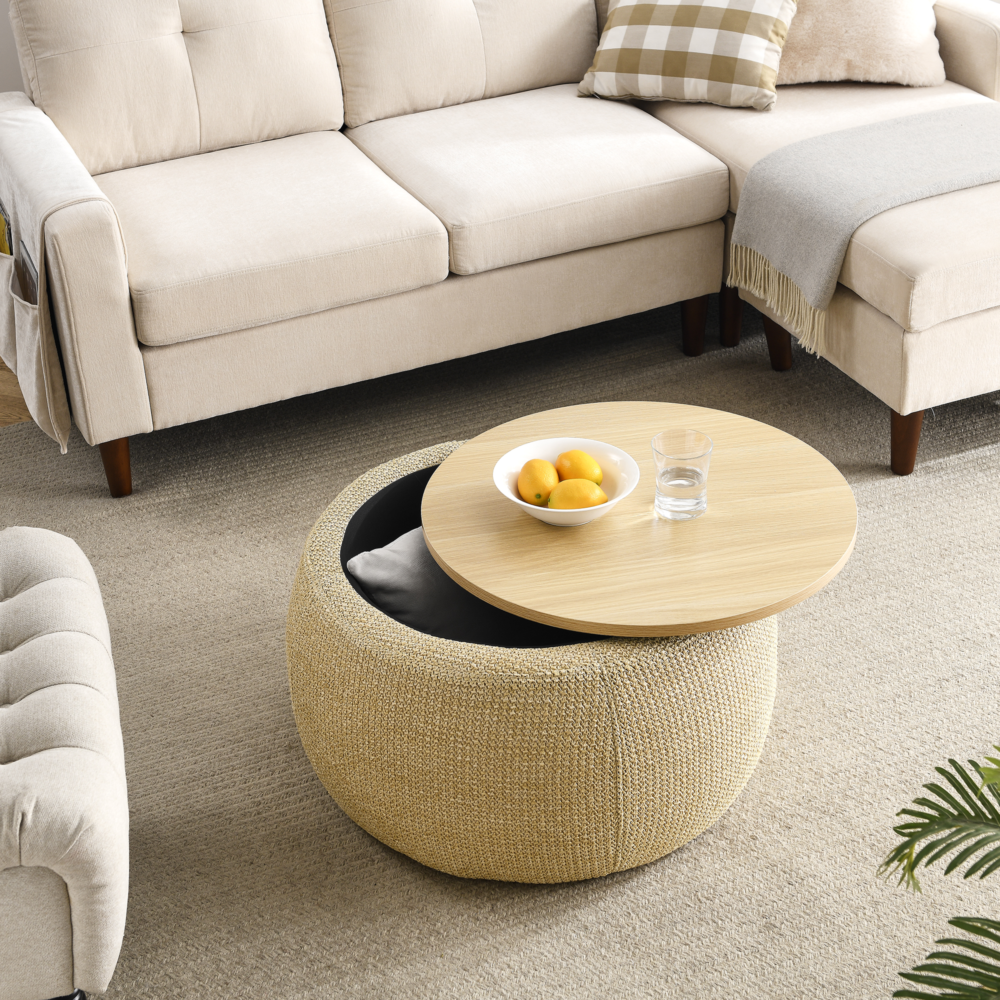 Round Storage Ottoman, 2 in 1 Function, Work as End table and Ottoman, Natural (25.5"x25.5"x14.5") - Image 4