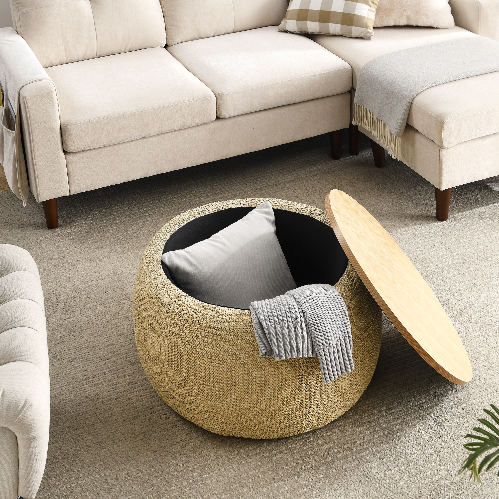 Round Storage Ottoman, 2 in 1 Function, Work as End table and Ottoman, Natural (25.5"x25.5"x14.5") - Image 5