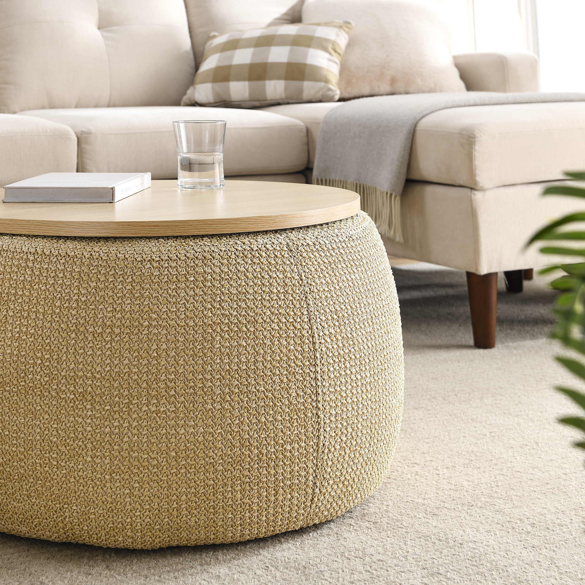 Round Storage Ottoman, 2 in 1 Function, Work as End table and Ottoman, Natural (25.5"x25.5"x14.5") - Image 6