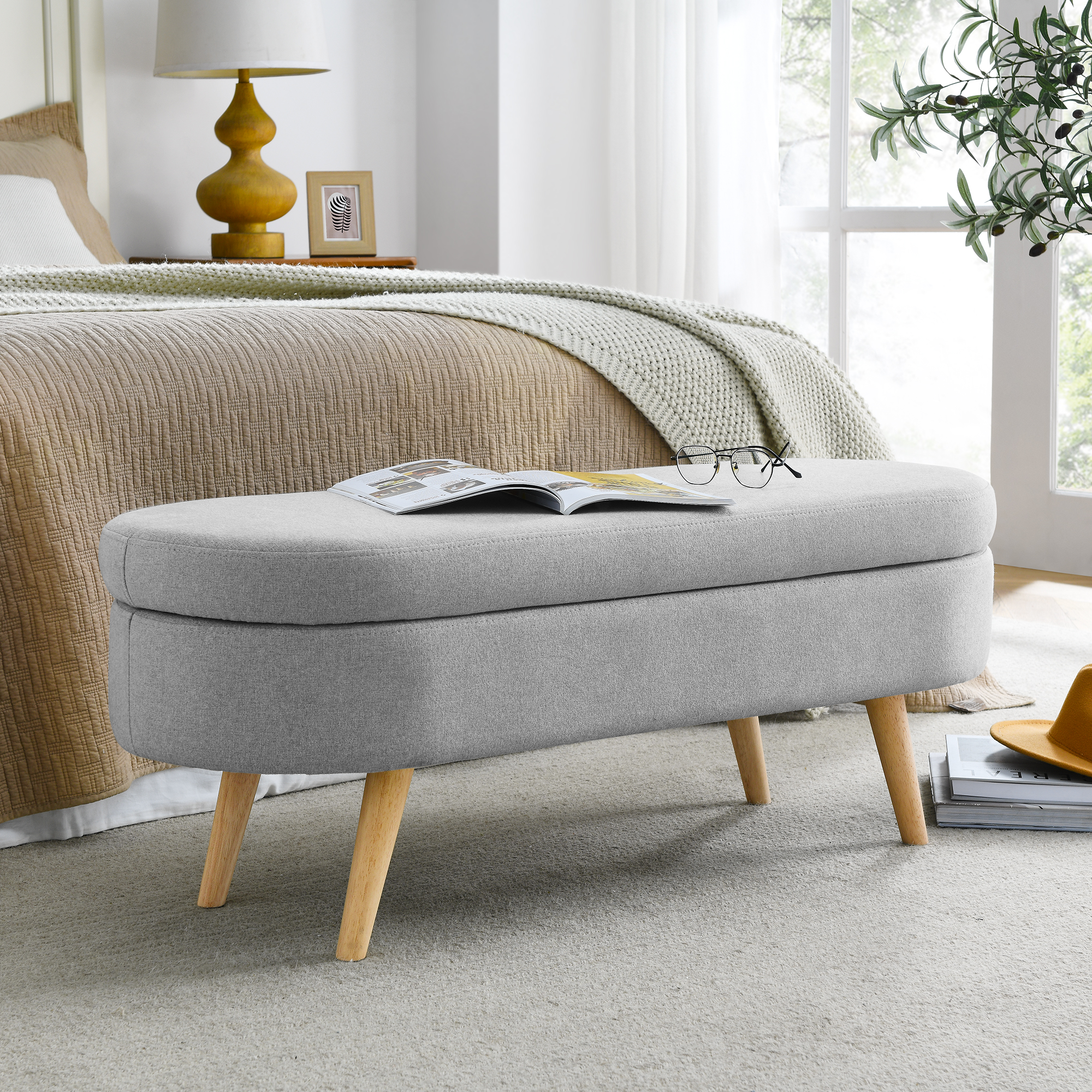 Ottoman Oval Storage Bench, Rubber Wood Legs, Grey(43.5"x16"x16") - Image 2