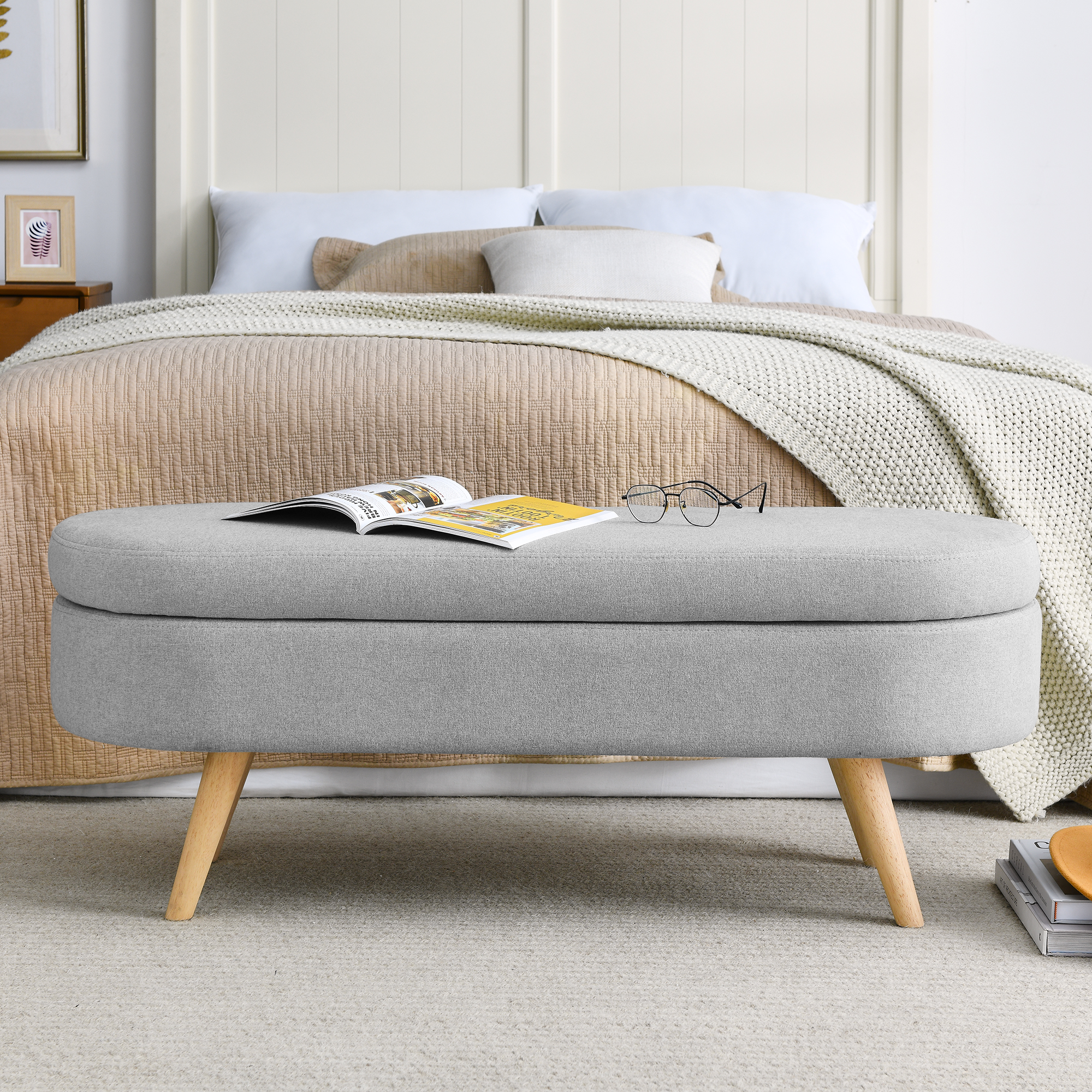 Ottoman Oval Storage Bench, Rubber Wood Legs, Grey(43.5"x16"x16") - Image 3